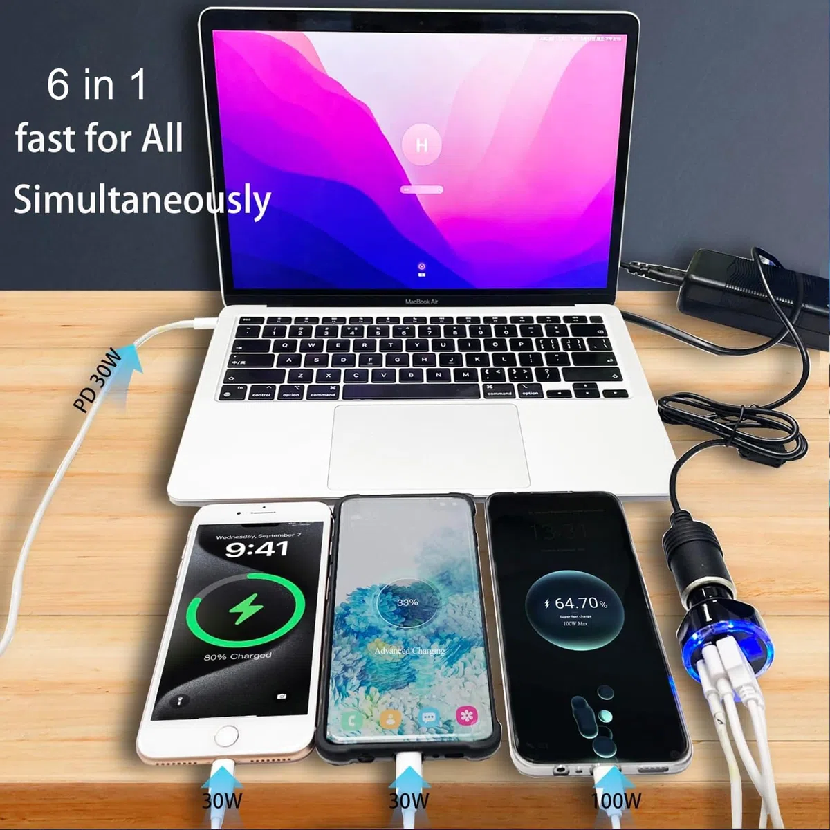 Multi Port USB C Auto Ladegerät Adapter mit Spannungsanzeige PD 30W 6 Ports Super Schnellladung Zigarettenanzünder Adapter mit Volt Meter 2 USB-C für MacBook iPhone 16/15/14/13/12 Galaxy Android