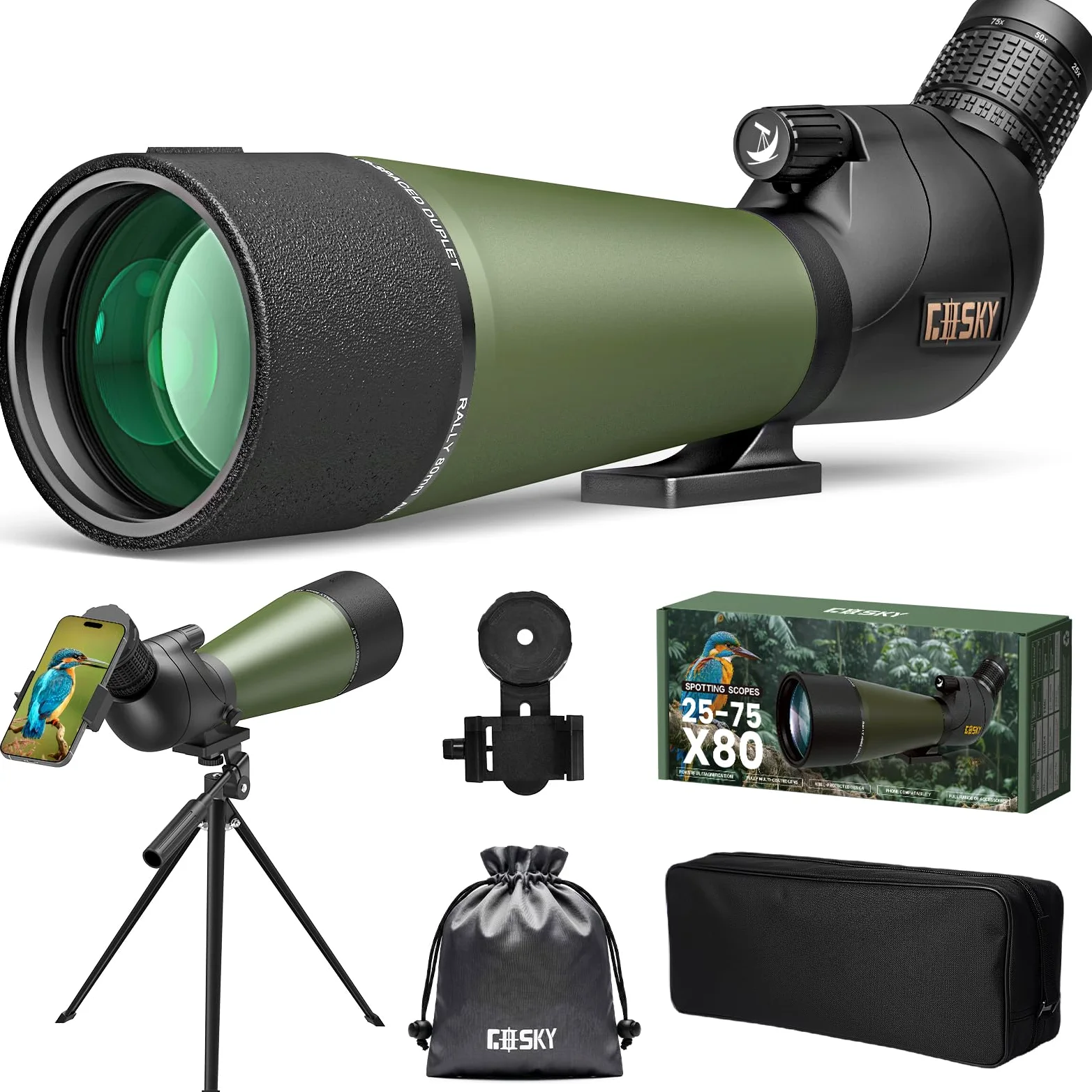 Gosky Flagship 25–75 x 80 cm Spektiv – Spektiv mit Stativ, Tragetasche und Schnell-Telefonhalterung, BAK4 wasserdichtes Spotterfernrohr für Vogelbeobachtung, Zielschießen, verbesserte Version