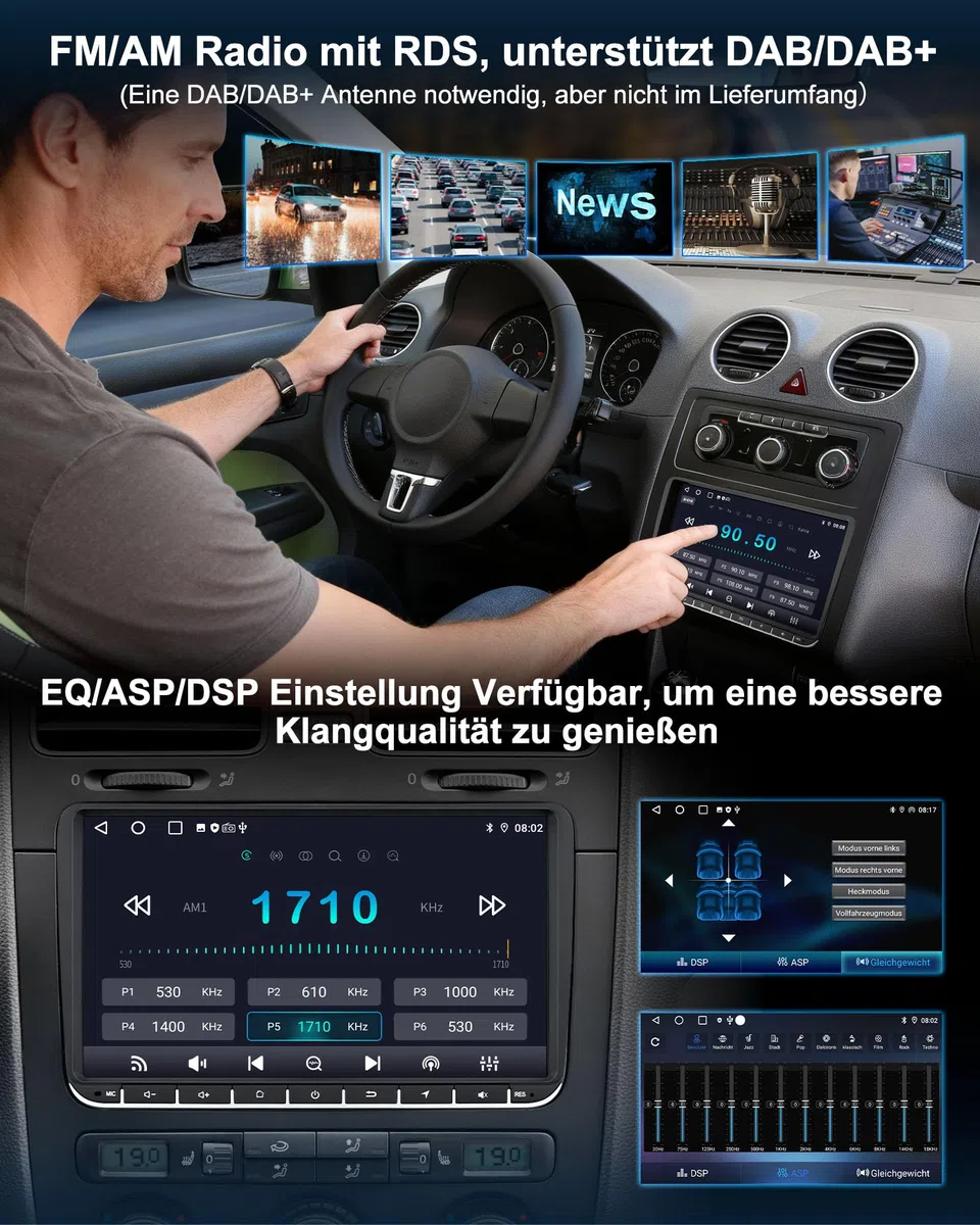 VW Autoradio mit Bildschirm 2+64GB für Golf 5 6 Polo T5 Passat Touran Seat Skoda, 2Din Bluetooth Auto Radio mit Navi DAB WLAN FM/AM, Apple Carplay, Android Auto, Lenkrad Strg,Android 14 (9 Zoll)
