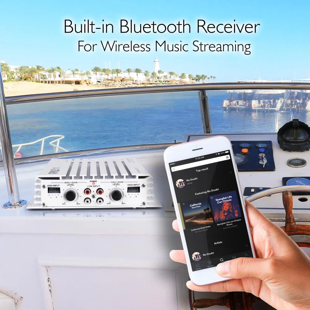 Pyle 2.1 Bluetooth Marine-Verstärker-Empfänger - Wasserdichter 4-Kanal-Audio-Jumperverstärker für Stereolautsprecher mit 400 W Dual-MOSFET-Leistung - PLMRA410BT