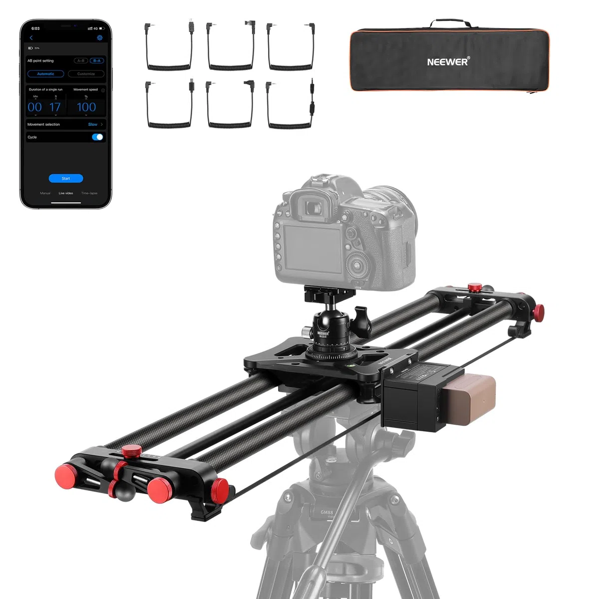 NEEWER 80cm motorisierter Kameraschlitten, DSLR Kohlefaser Dolly Schienenslider mit App Steuerung, 4400mAh F750 Akku für Zeitrafferaufnahmen, unterstützt Videomodus, Ladegerät Nicht enthalten, ER1-80