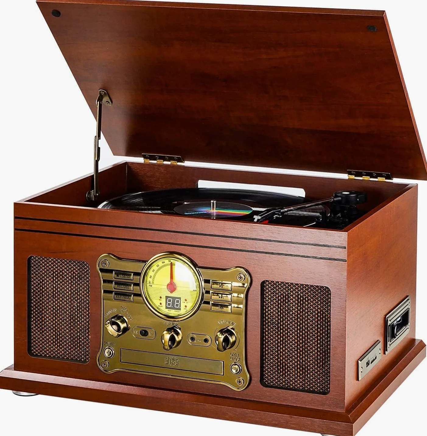 Plattenspieler Bluetooth mit Stereolautsprechern, Support Vinyl-to-MP3 Recording Konverter mit CD, Kassettenspieler,FM, Aux-In und Kopfhörerbuchsen