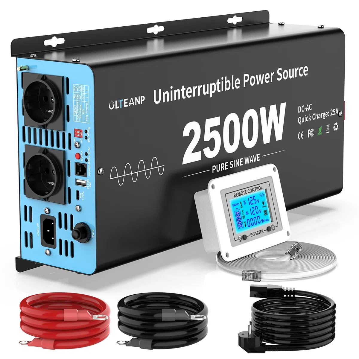 OLTEANP 2500W Wechselrichter12V auf 230V Reiner Sinus,Spannungswandler mit Netzvorrangschaltung und ladefunktion und USV Funktion,Fernbedienung mit LCD-Bildschirm, Automatische Umschaltung für Netz