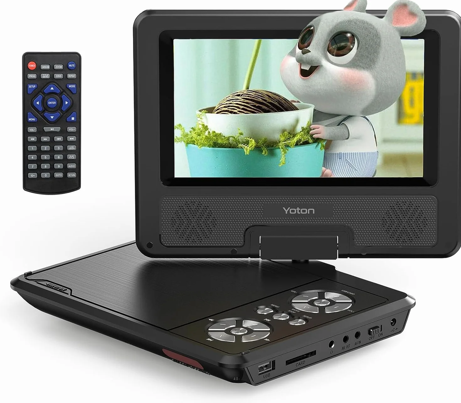 9.5" Tragbarer DVD Player mit 7.5" HD Schwenkbildschirm für Auto und Kinder, 4-6 Stunden Betriebszeit mit eingebautem Akku, Unterstützung für Kopfhörer/AV-IN/AV-Out/USB [Kein Blu-ray Support]