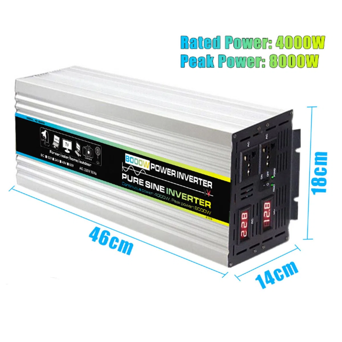 4000W Auto-Wechselrichter mit Zwei digitalen Display tragbarer Konverter 12 V 24 V 48 V 60 V auf 220 V Solar-Wechselrichter geeignet für Urlaub, Camping und Geschäftsreise