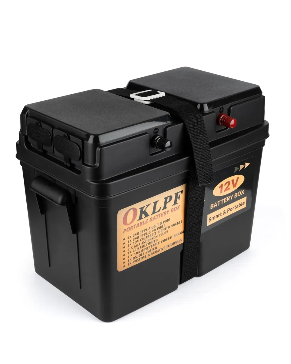 OKLPF Intelligente Batteriebox passend für Batterien der Gruppe 24/27/31 für Boote, Marine, Wohnmobil, Schleppmotor, tragbare Batteriebox, 12 V Marine-Gehäuse mit 50 Ampere-Anschlüssen