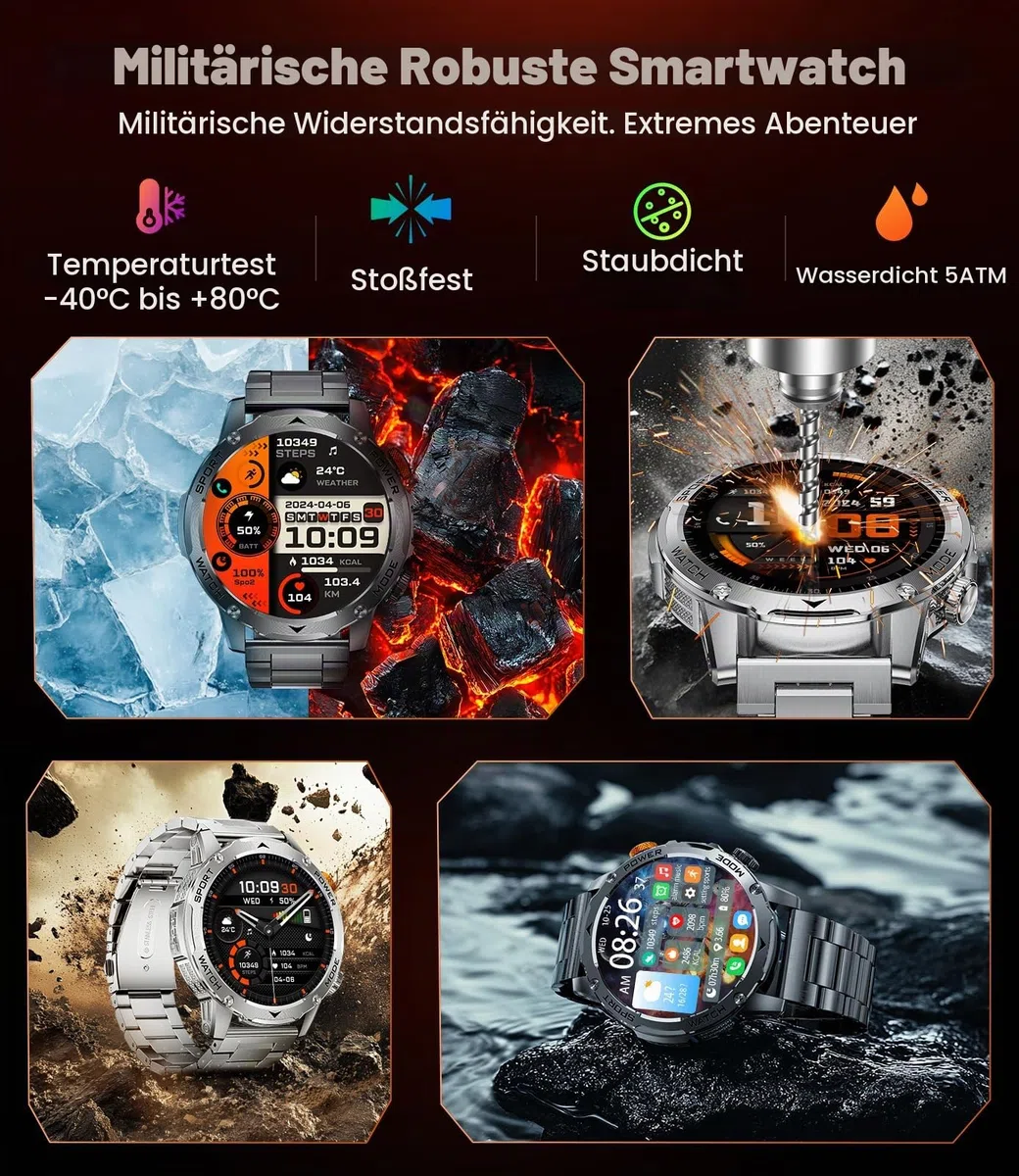 Militär Smartwatch Herren - 1000 mAh/1,75" HD Großes Touchscreen/LED-Licht, 5ATM wasserdicht Fitnessuhr mit 120+ Sportmodi, Herz-/Schlaftracking,3 Armbändern,Sportuhr iOS/Android Schwarz