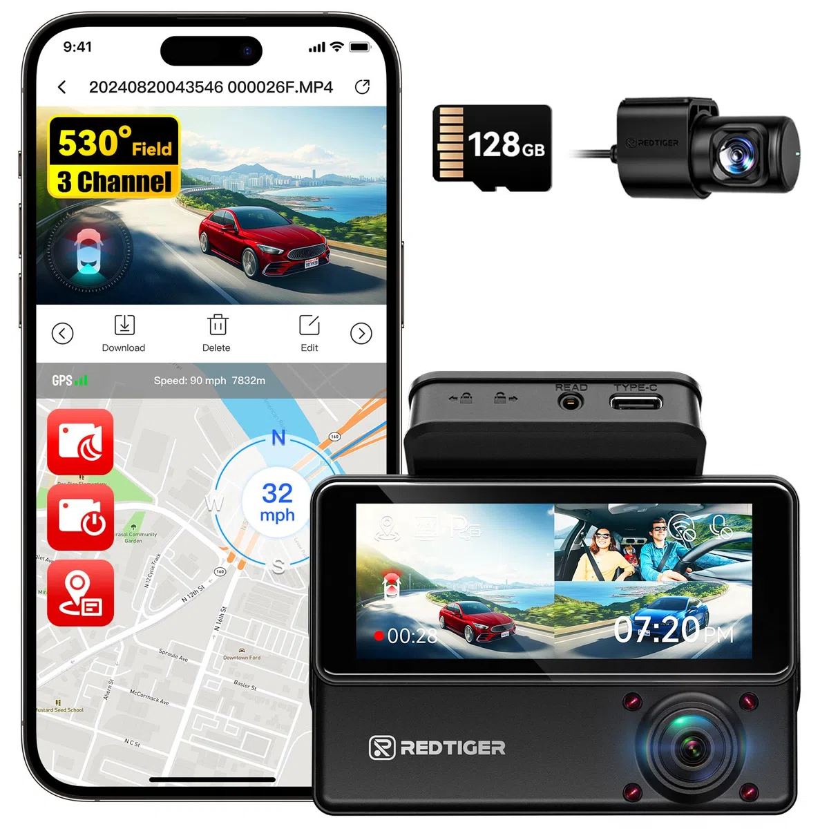 REDTIGER 530° 3-Kanal,2,5K+2,5K+1080P Dashcam Auto mit 128 GB Karte