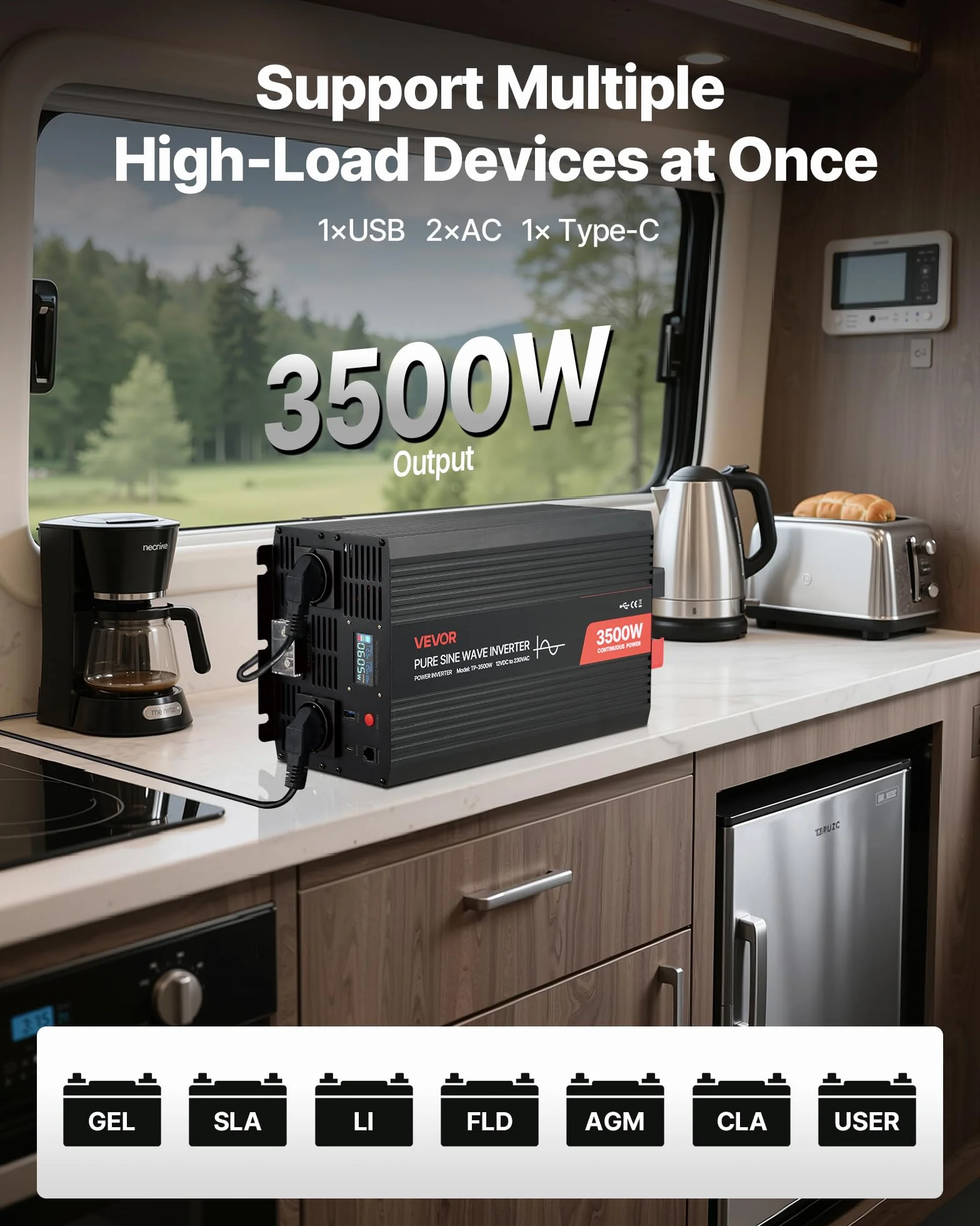 VEVOR 3500 W Wechselrichter, 12 V DC auf 230 V AC, Reiner Sinus-Wechselrichter, Solar-Autoladegerät-Konverter mit LCD-Display, Fernbedienung, USB-Anschluss, 2 AC-Steckdosen, Typ-C-Anschluss