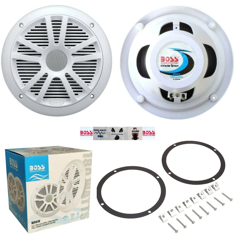 KIT-Set FÜR BOSS Audio Systems MR6W 2 Marine-Lautsprecher, 6,5 Zoll, 19,00 cm, 90 Watt RMS, 180 Watt Max, wasserdicht, weiß (Set 2), hochwertige Premium-Qualität für Boote + Aufkleber und Zubehör
