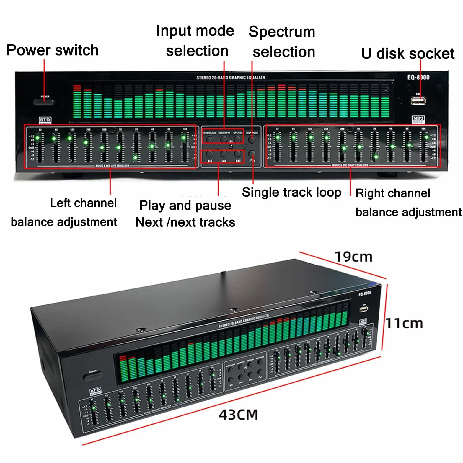Professioneller Grafischer Equalizer HiFi, 31-Band-Digital-Equalizer, Bluetooth 5.4 Optische Koaxiale Digitale Audio-Decodierung, Doppelte 10-Band-unabhängige Abstimmung, Für Zuhause, Studio