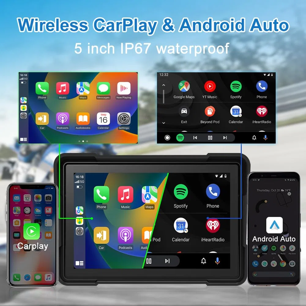Motorrad Navi Navigationsgeräte Wireless CarPlay Android Auto Portable Motorräder mit Front und Rückansicht Recorder, 5 Zoll Touchscreen wasserdicht GPS Navigation für Motorrad mit 64GB TF-Karte