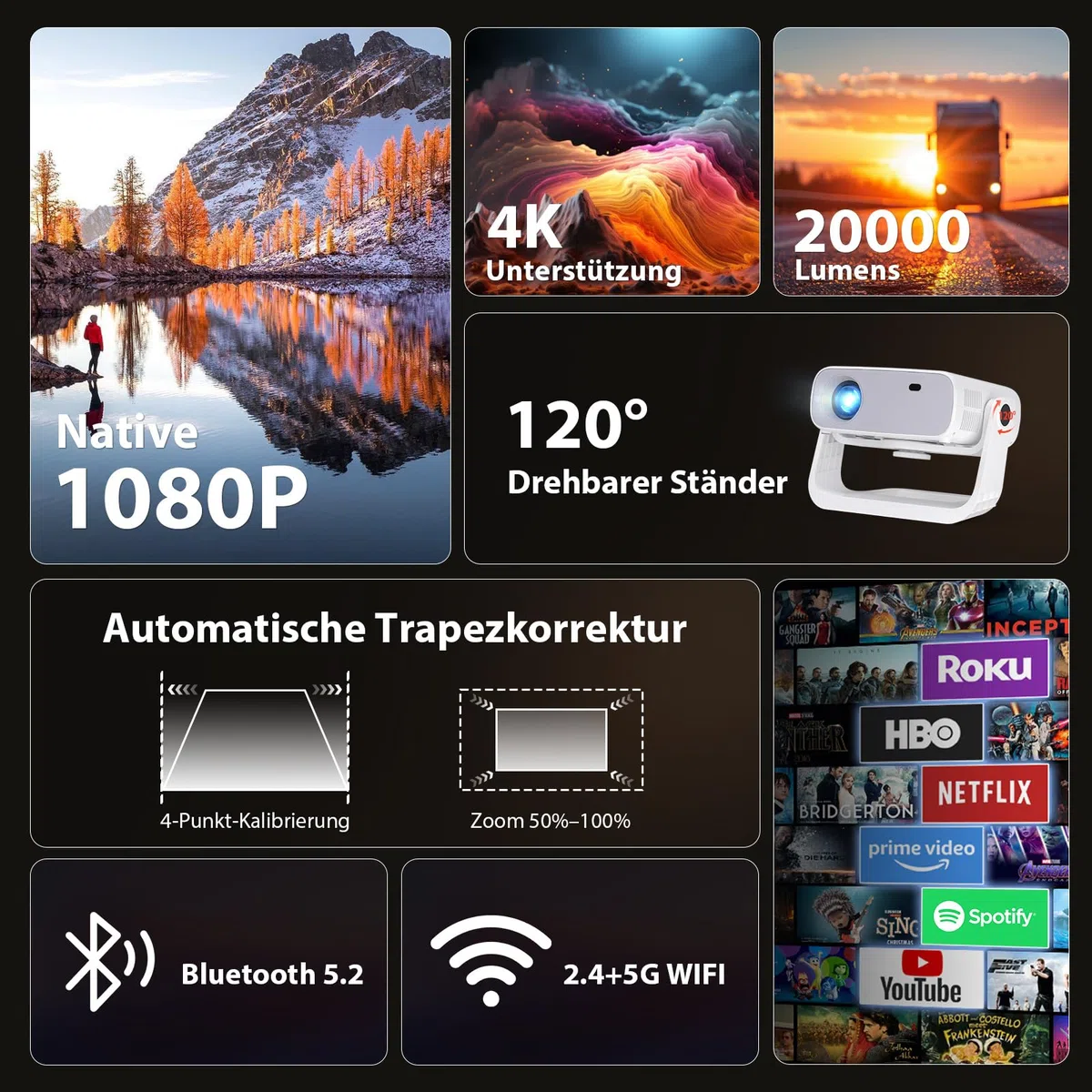 Wielio 2025 Neuer Smart Beamer,Integrierte Apps,Android 11,Native 1080P mit 4K Unterstützung,Trapezkorrektur,WiFi 6&Bluetooth 5.2,20000 Lumens,Heimkino Beamer Kompatibel mit iOS/Android/PS5