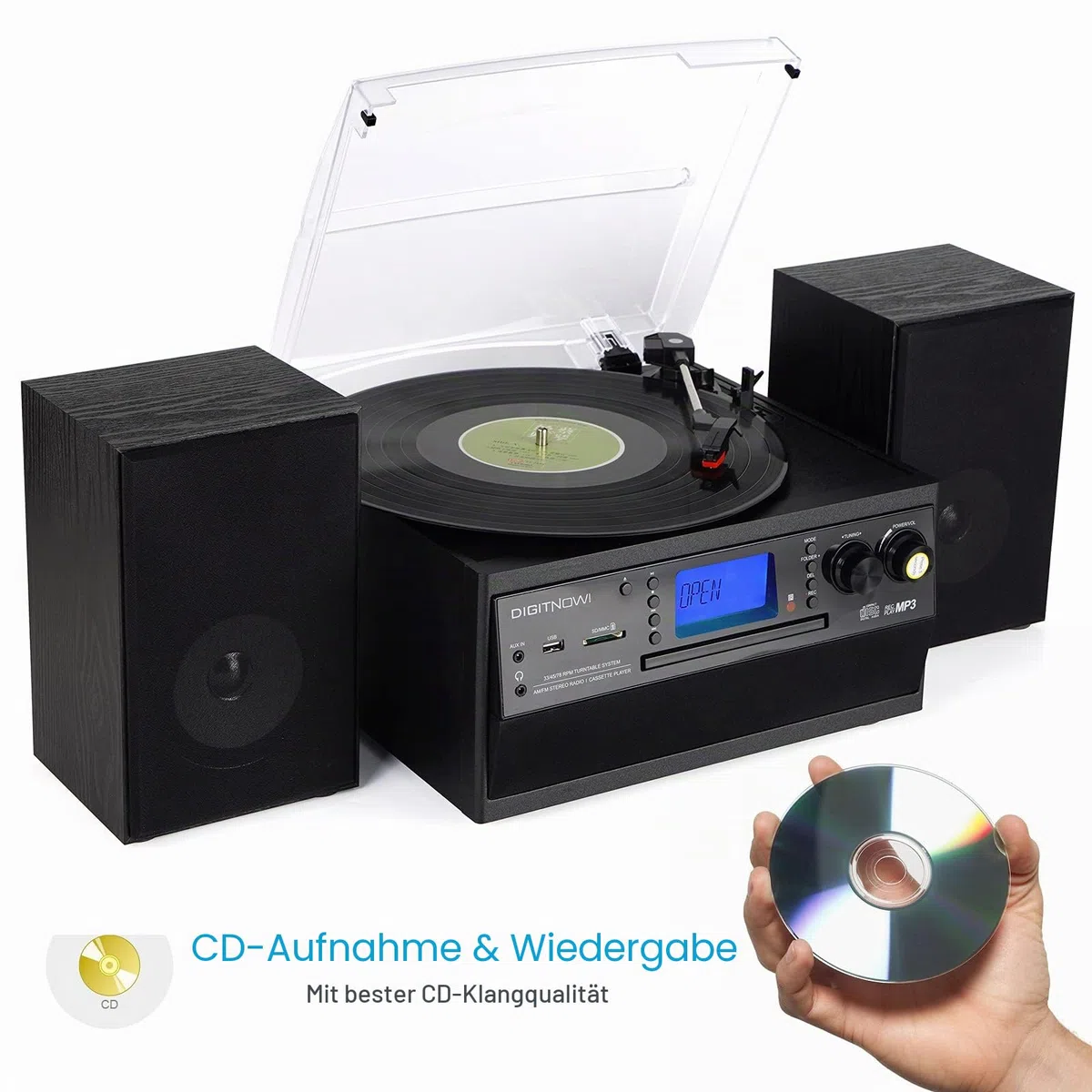 DIGITNOW! Bluetooth Viny Plattenspieler Plattenspieler für CD, Kassette, AM/FM Radio und Aux In, USB-Anschluss und SD-Codierung, Fernbedienung, mit eigenständigen Stereo-Lautsprechern