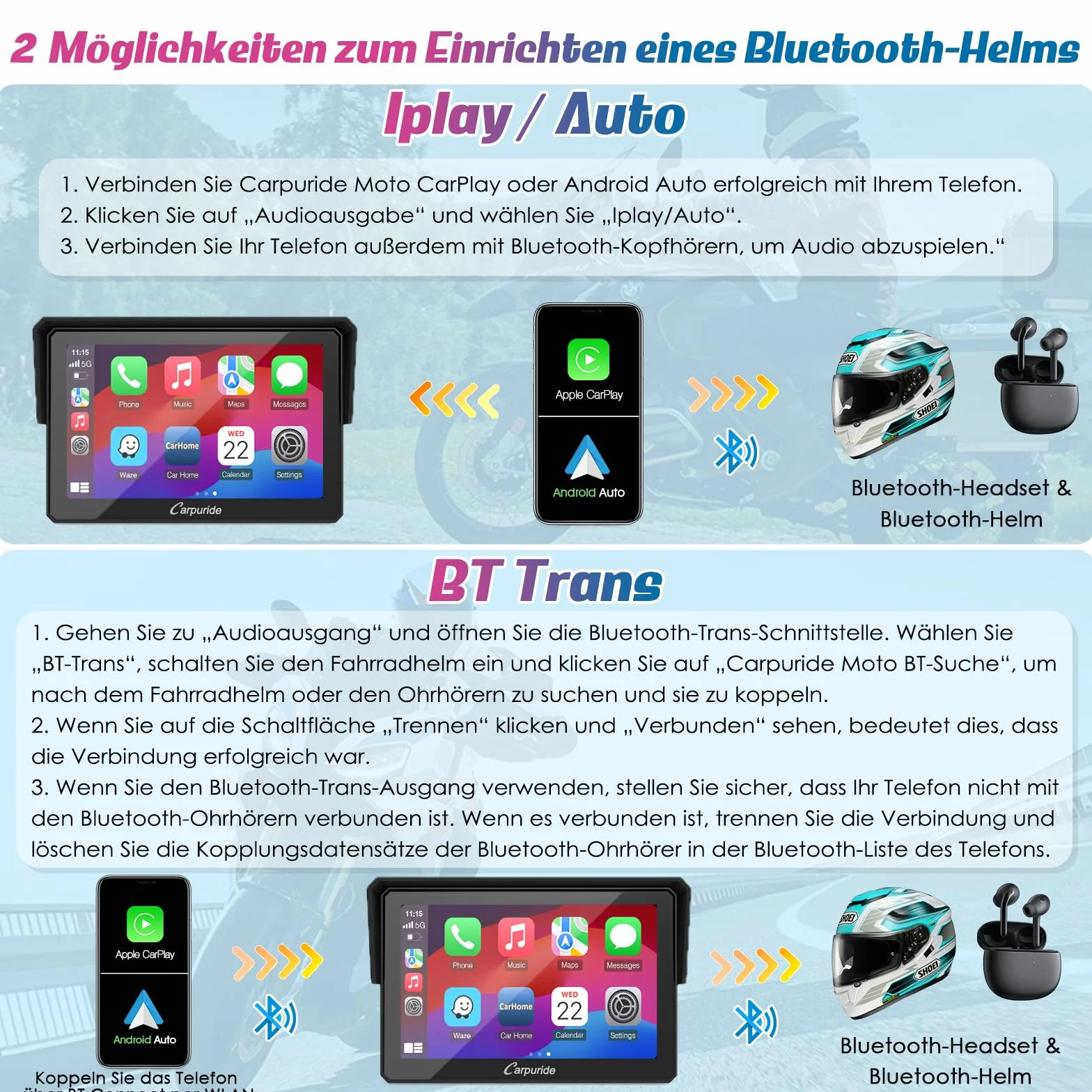 Carpuride W502B Motorrad-Carplay-Bildschirm für BMW R1200GS R1250GS S1000XR Motorrad, 5 Zoll Wasserdichter Touchscreen, Tragbare Carplay/Android Auto,GPS-Navigation, Dual Bluetooth