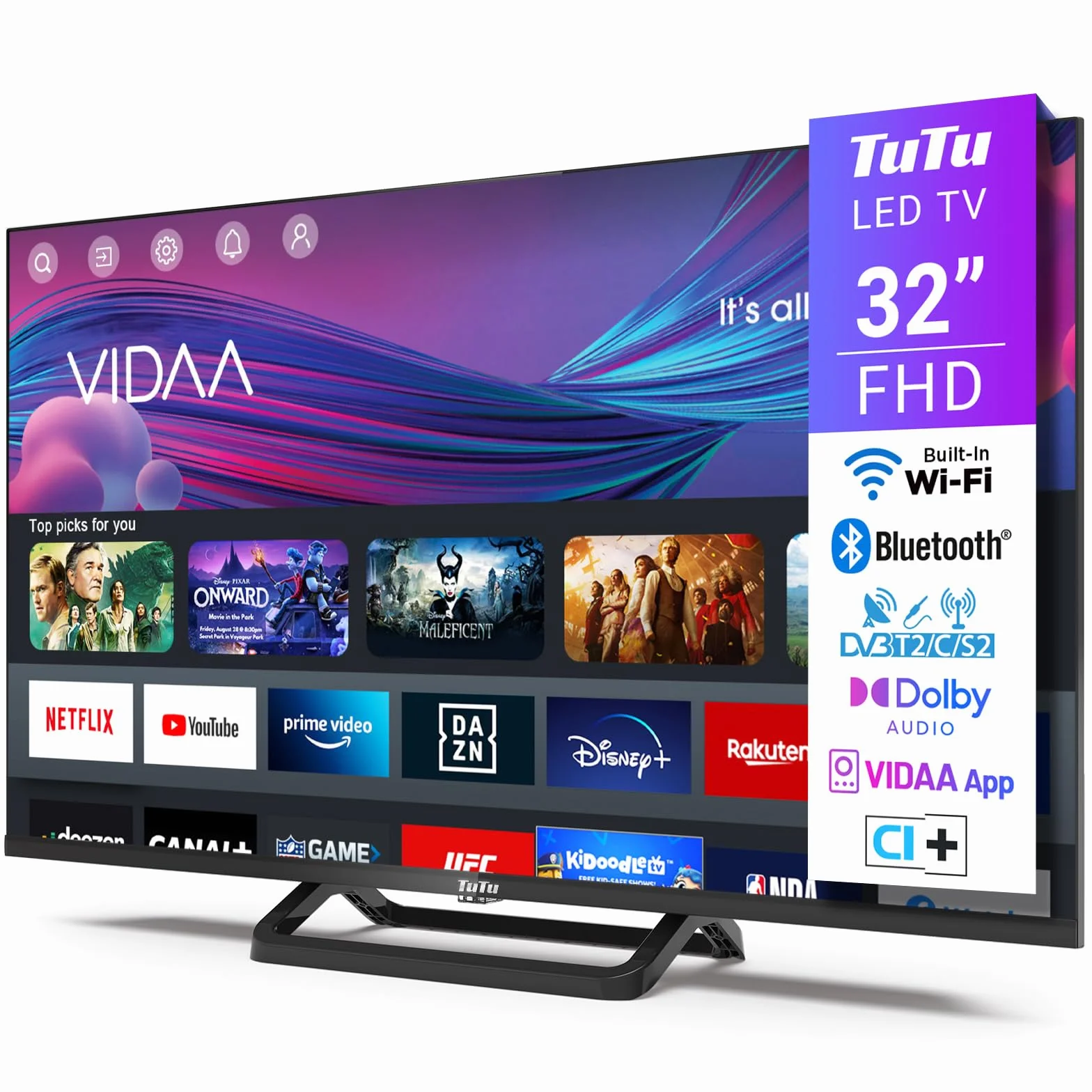 TuTu TUV32FN1B Fernseher 32 Zoll (80 cm), Full HD Smart TV mit Bluetooth, WLAN, Triple Tuner (DVB-T/T2, DVB-C, DVB-S/S2), App Store, AirPlay, HDMI, USB, Mittelfuss