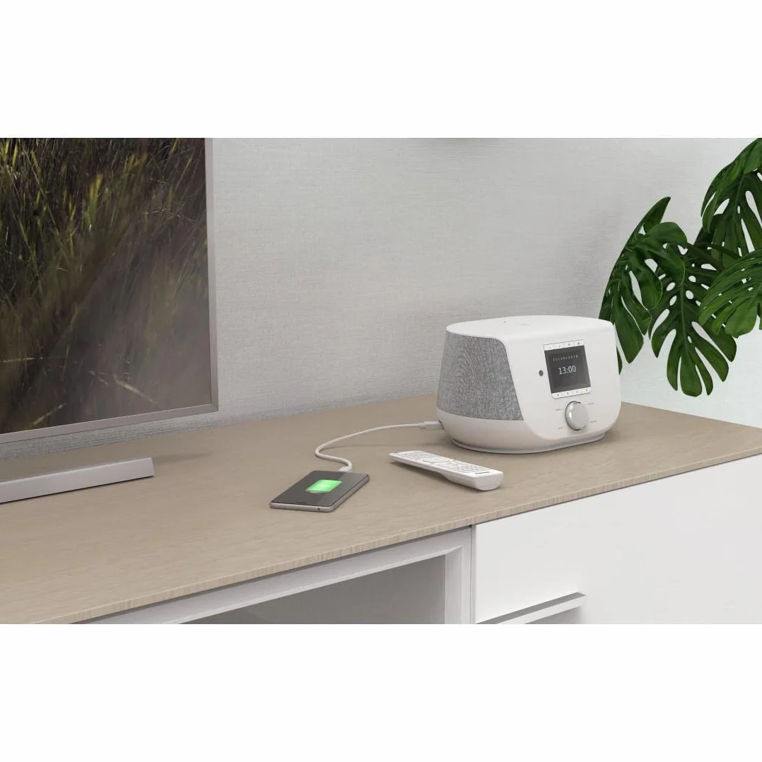 Hama DAB+ Digitalradio Internetradio (Smart Radio mit 2-Wege-Lautsprecher & Handy-Ladefunktion, WLAN/DAB/DAB+/FM, Bluetooth/Spotify Streaming, Stationstasten, Radio-Wecker, App) in Weiß