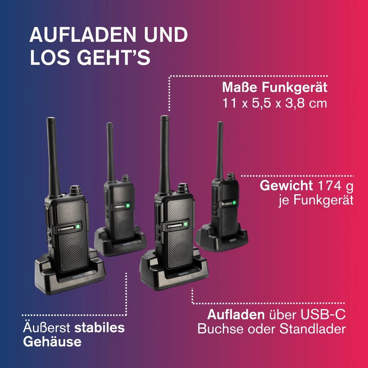 Albrecht Tectalk Worker 3 Koffer-Set, 4 Walkie-Talkies & Zubehör, PMR446-Funkgeräte mit VOX, robust für Baustelle, Security, Betrieb & Outdoor