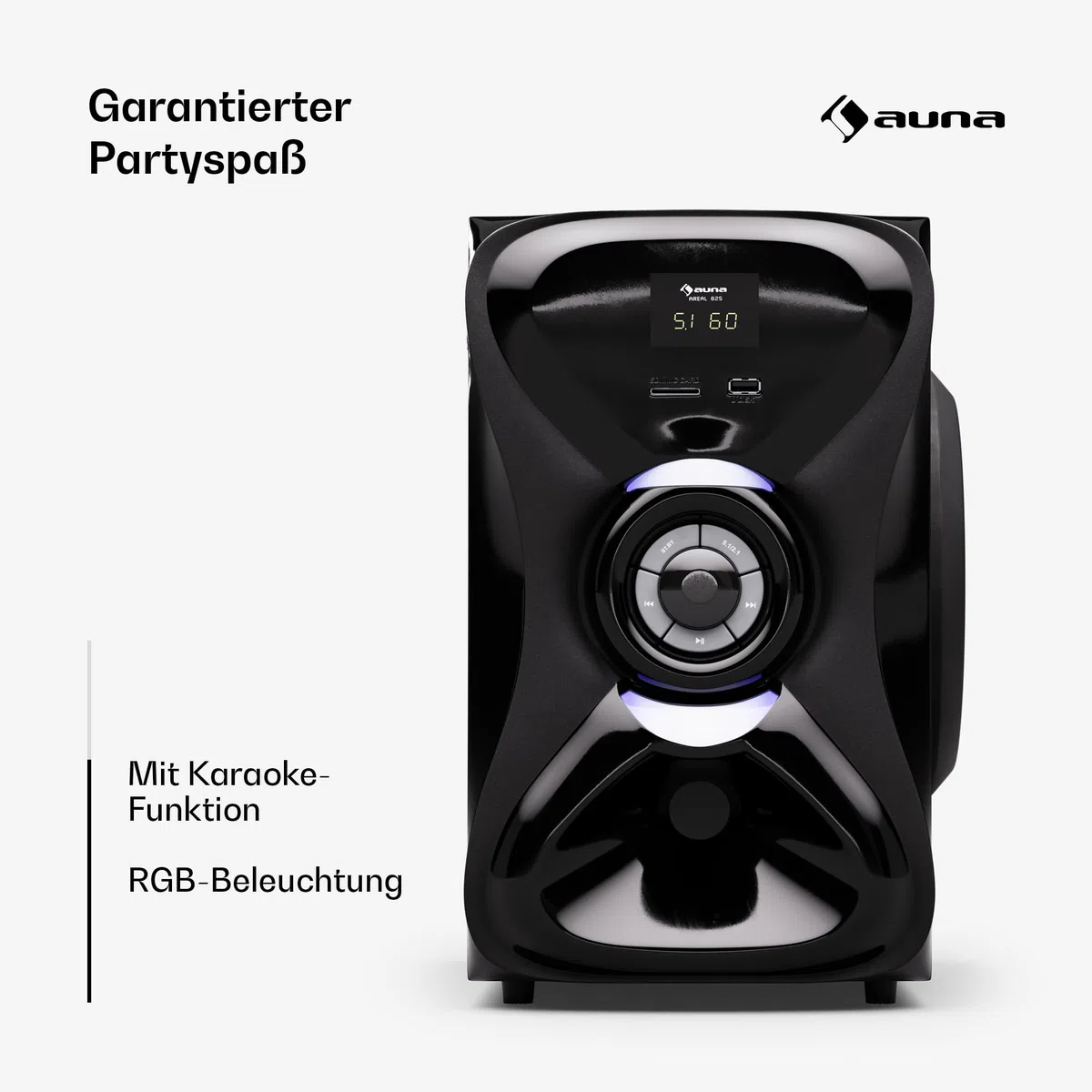 auna Areal 825 5.1 Soundsystem Kabellos mit Bluetooth, 100-W-Subwoofer und RGB-Beleuchtung - USB-/SD-Anschlüsse, AUX und Optischer Eingang, Heimkino-Lautsprecher mit Fernbedienung