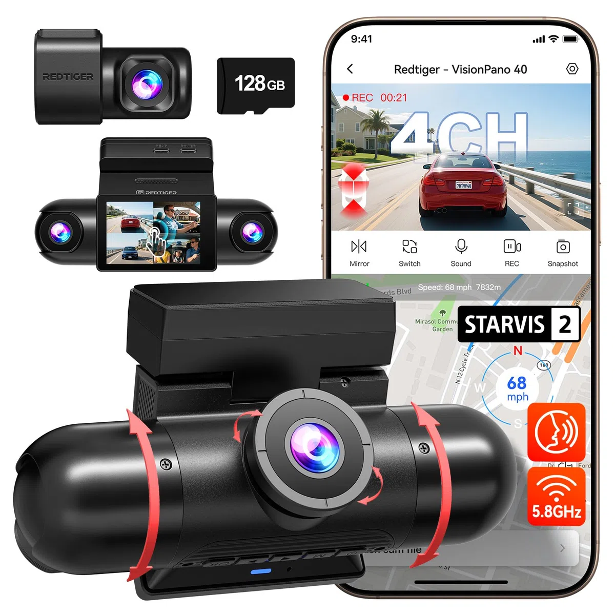 REDTIGER 4-Kanal-360° Dashcam Auto, Dual STARVIS 2, 5 GHz WiFi, 128GB Karte