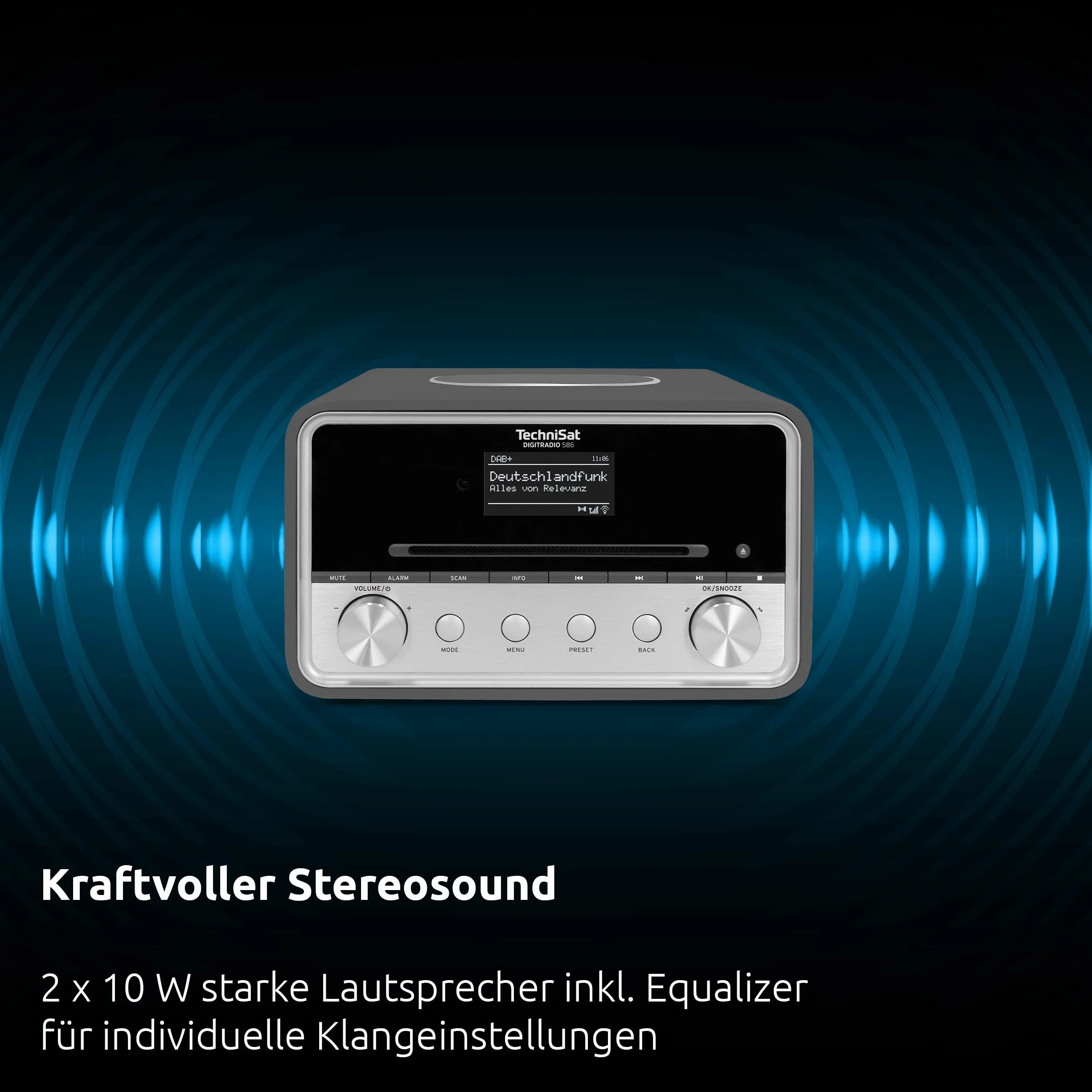 TechniSat DIGITRADIO 586 – DAB+ Hybridradio (Internetradio, UKW, Bluetooth, Spotify, Wireless Charging, App-Steuerung, OLED-Display, USB, CD, MP3, AUX, 20 W, Kompakt-Anlage, Fernbedienung) anthrazit