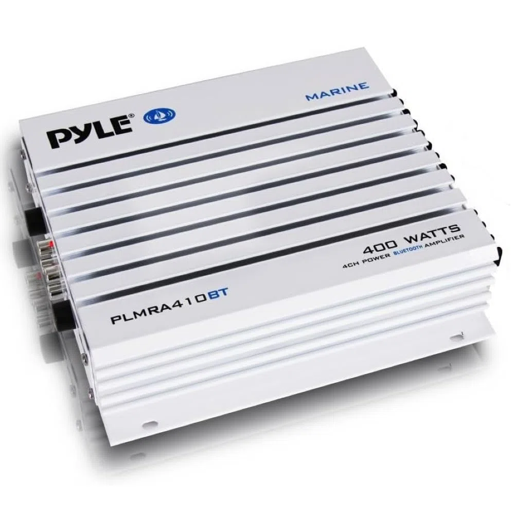 KIT SET FÜR PYLE PLMRA410BT 1 4-Kanal Marine-Verstärker, Klasse AB, 4 x 100 Watt max, wasserdicht, Bluetooth 2.1-Konnektivität, für Schwimmbäder, Boote, Boote, 1 Stück + kostenlose Kabel