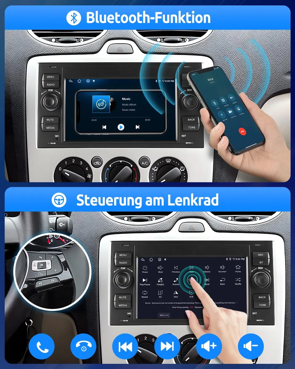 ESSGOO 2+64G Wireless Autoradio Android 14 Car Radio mit Carplay und Android Auto Für Ford Fiesta Galaxy Transit Connect MK7 Focus Fusion Kuga S/C-Max, 7 Zoll Touchscreen mit Bluetooth FM USB GPS