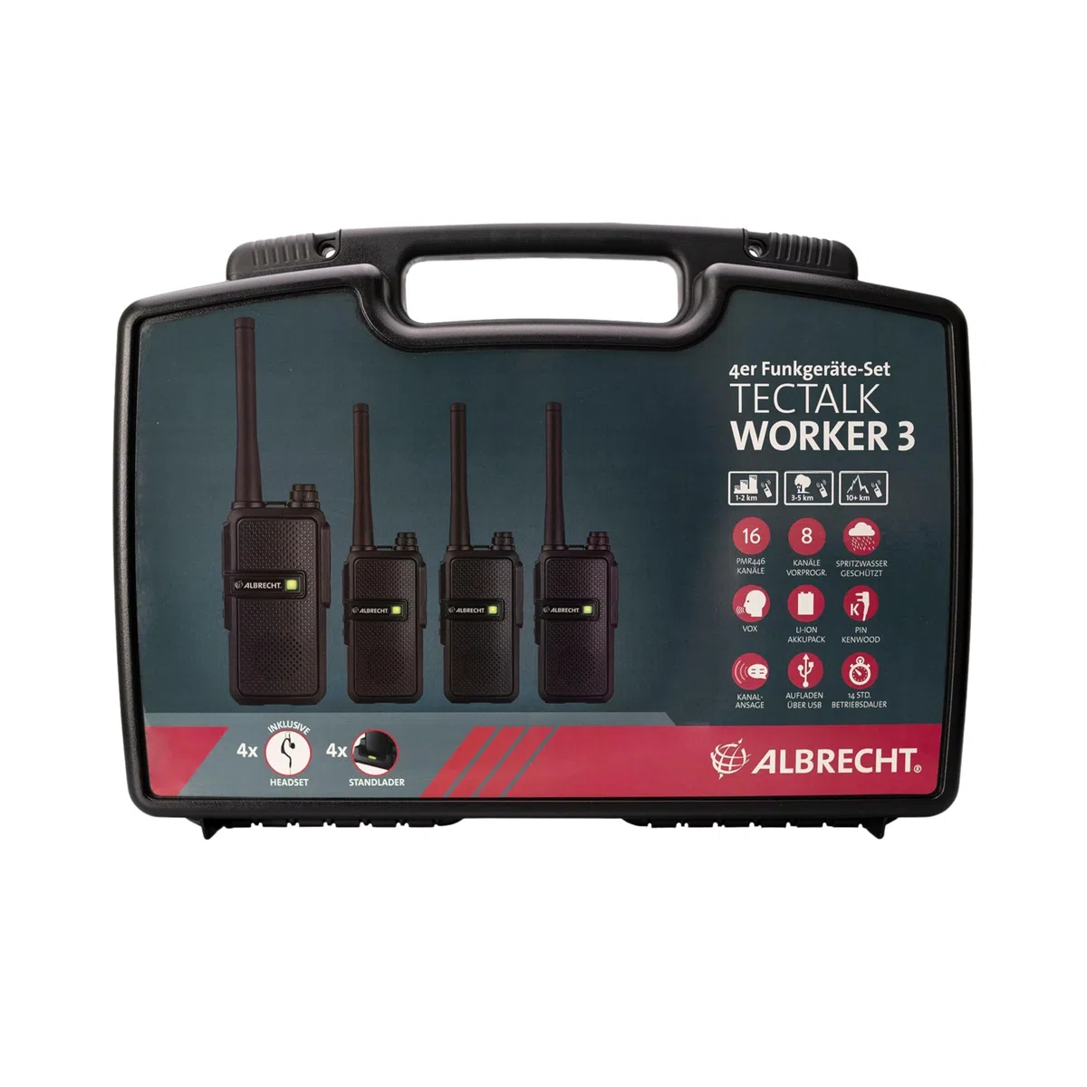 Albrecht Tectalk Worker 3 Koffer-Set, 4 Walkie-Talkies & Zubehör, PMR446-Funkgeräte mit VOX, robust für Baustelle, Security, Betrieb & Outdoor
