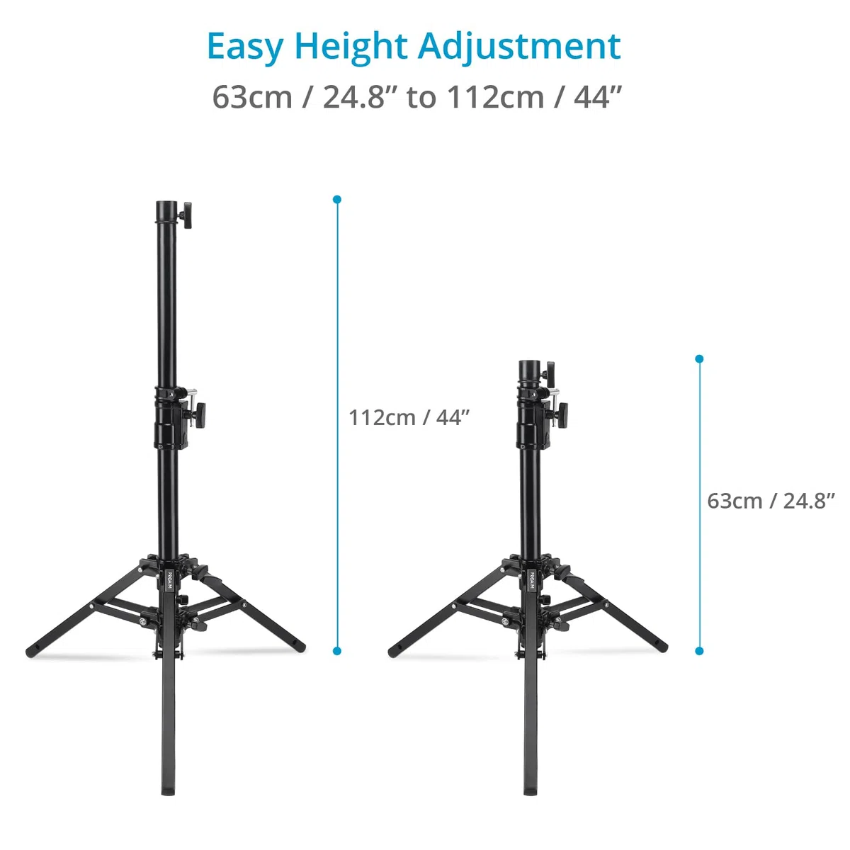 PROAIM 44-Zoll Kamera-Slider-Stativ mit Junior-Pin, 36 kg | Höhenverstellbar 63–112 cm; Stahl-/Alu-Zweistufendesign; 79 cm Standfläche mit 2 Nivellierbeinen.