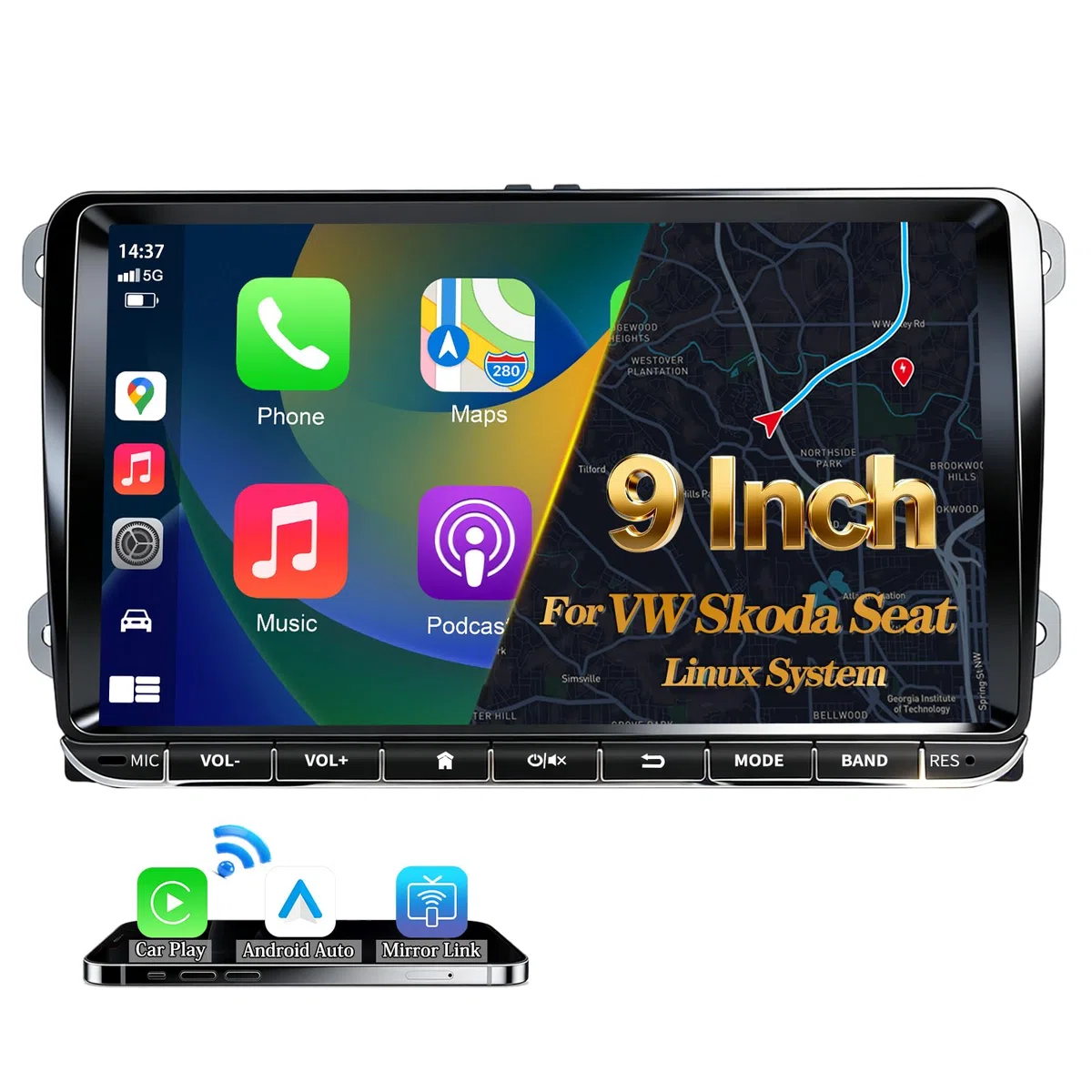 URVOLAX DAB+ Autoradio mit Bildschirm für VW Skoda Seat: 9 Zoll Doppel DIN Radio mit Wireless Apple CarPlay Android Auto - Linux Auto Radio für Golf 5 6 T5 Polo 6r Caddy Touran Passat Tiguan Fabia