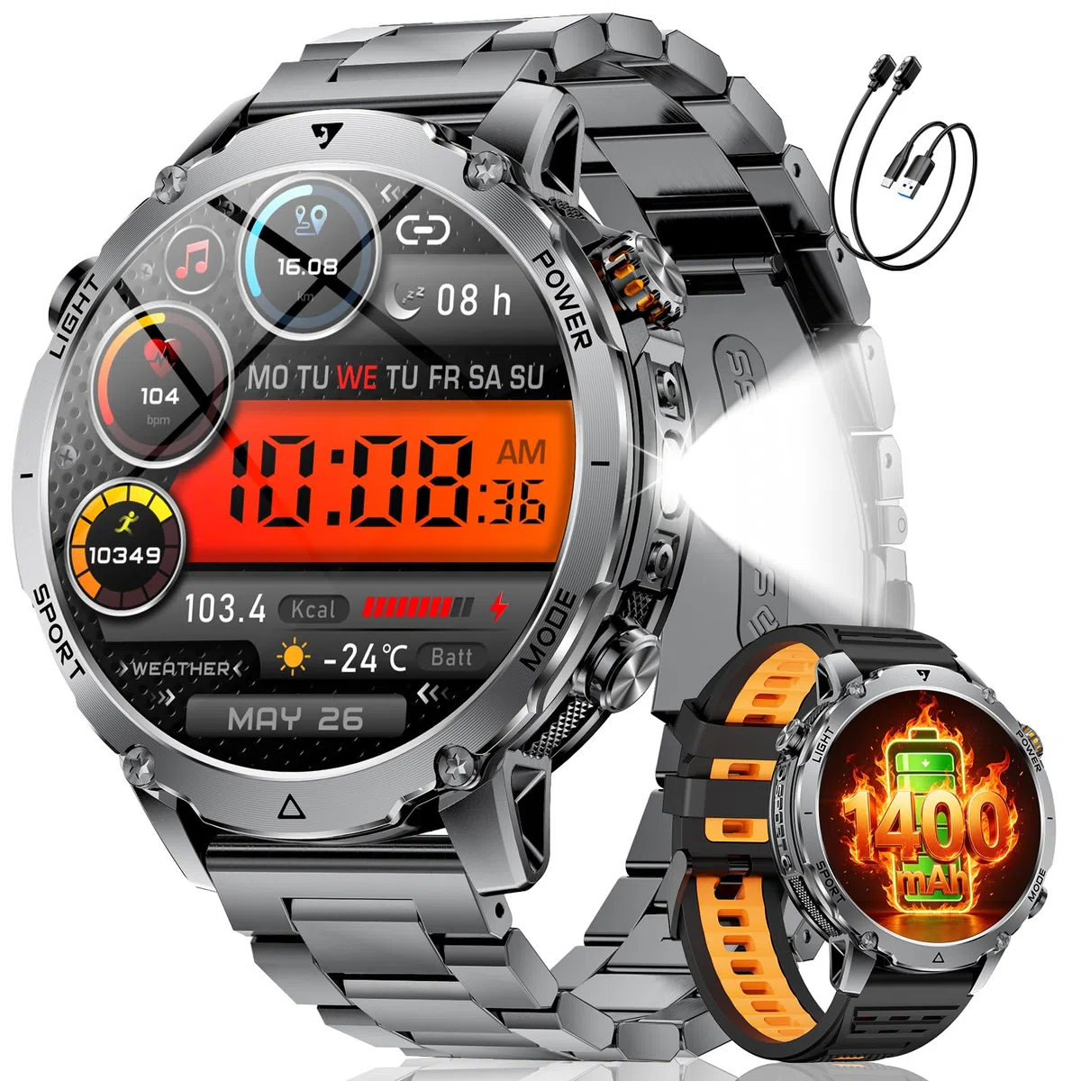 SUNKTA Smartwatch Herren 1400 mAh 20 Tage Akkulaufzeit 1,7″ HD Bluetooth Anrufe Militär Smart Watch für iOS Android,Herzfrequenz/Schlafmonitor/Schrittzähler,Taschenlampe,100+ Sportmodi,Grau