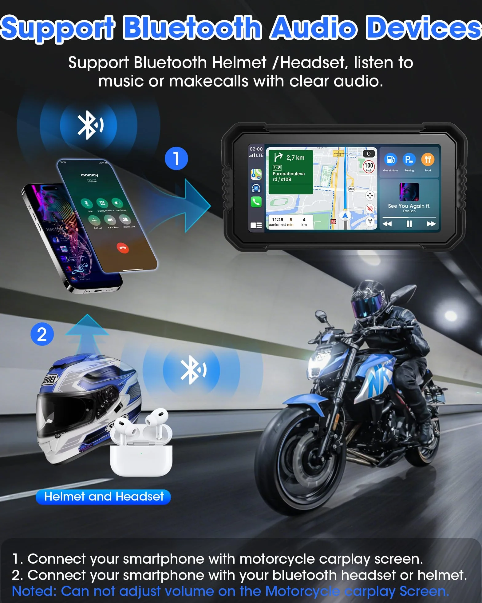 4K Motorrad Carplay Android Auto 6,25 Zoll Motorrad Display mit Dashcam Moto.rrad Navigationsgeräte für Motorräder mit Siri/G-oogle Assistant, Dual-Bluetooth, 64G TF-Karte, Fernbedienung