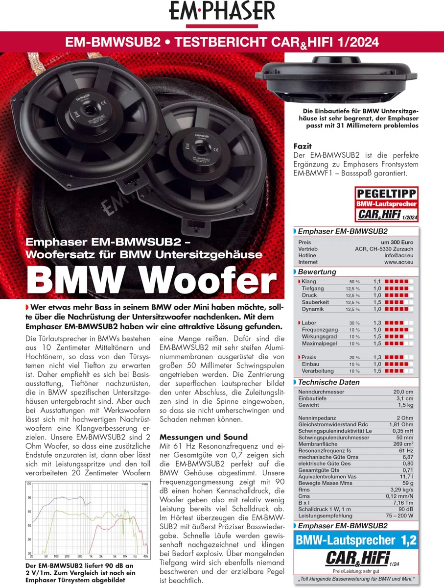 EMPHASER EM-BMWSUB2 – High Power 20 cm / 8 Zoll Auto Untersitz Subwoofer, kompatibel mit BMW Fahrzeugen, Plug & Play Underseat Bass, 150 W, 1 Paar