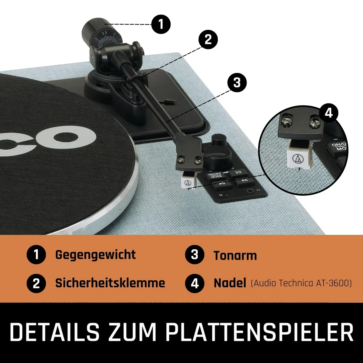 Lenco LS-440BUBG - Plattenspieler mit Lautsprecher - Schallplattenspieler | LS-440 - Vinyl Player - Bluetooth 40 Watt RMS - Riemenantrieb - Pitch Control - Vorverstärker