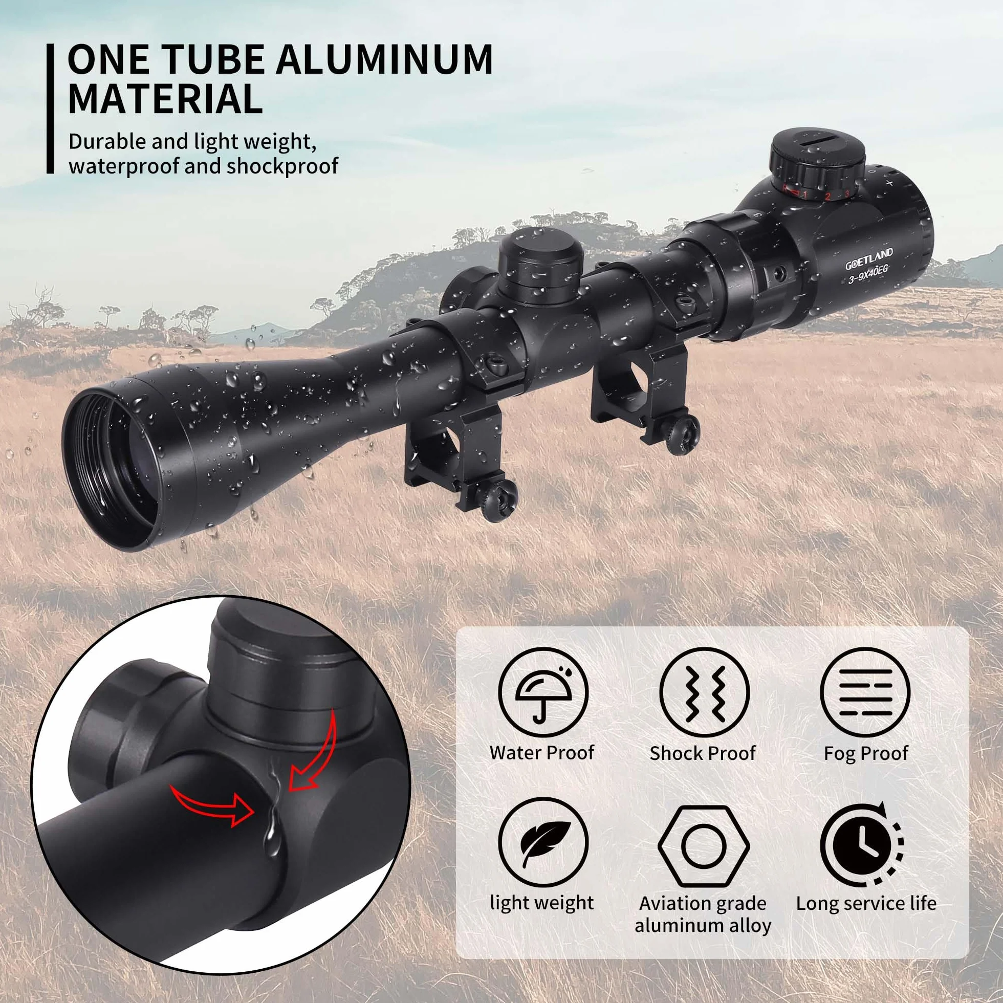 Goetland Gewehr Zielfernrohr 3-9x40 EG Airsoft Rot Grün Fadenkreuz mit Montage Ringe SFP für Taktische Jagd Armbrust Luftgewehr Sportschützen