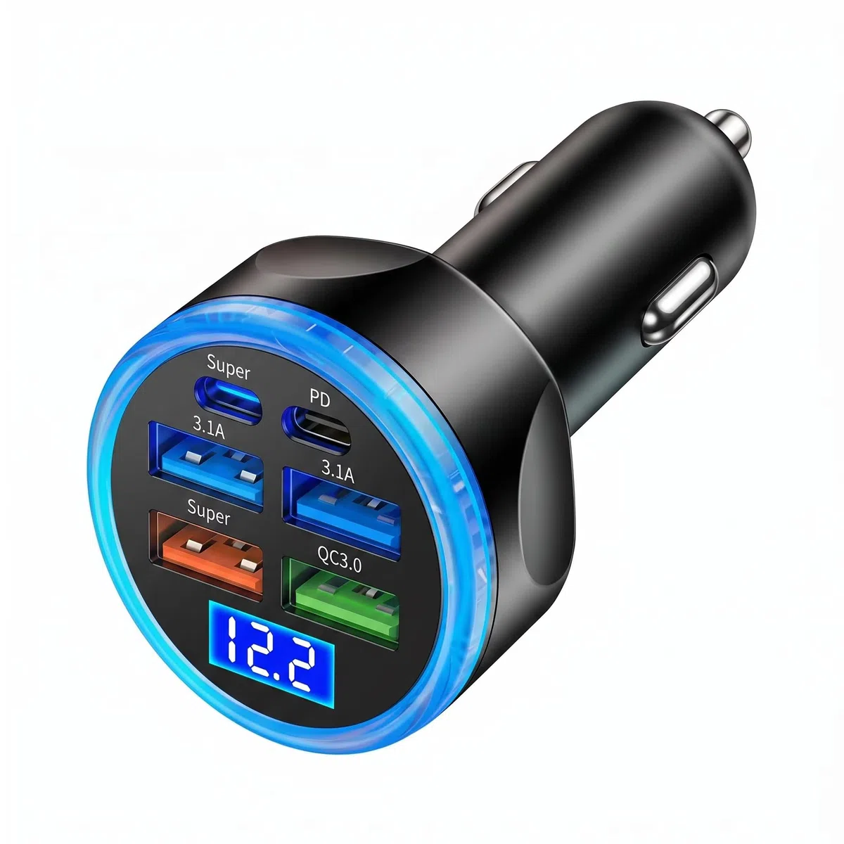 Multi Port USB C Auto Ladegerät Adapter mit Spannungsanzeige PD 30W 6 Ports Super Schnellladung Zigarettenanzünder Adapter mit Volt Meter 2 USB-C für MacBook iPhone 16/15/14/13/12 Galaxy Android