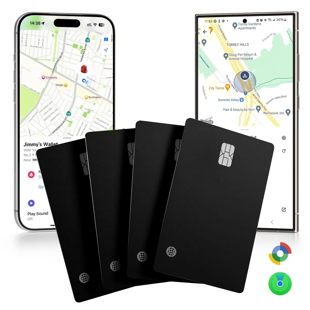 4 Pack Wallet Tracking Card für iOS und Andriod | Ultra Slim 0.07in, IP68 wasserdicht | Funktioniert mit iPhone & Google Samsung | für Brieftaschen, Schlüssel, Gepäck, Taschen