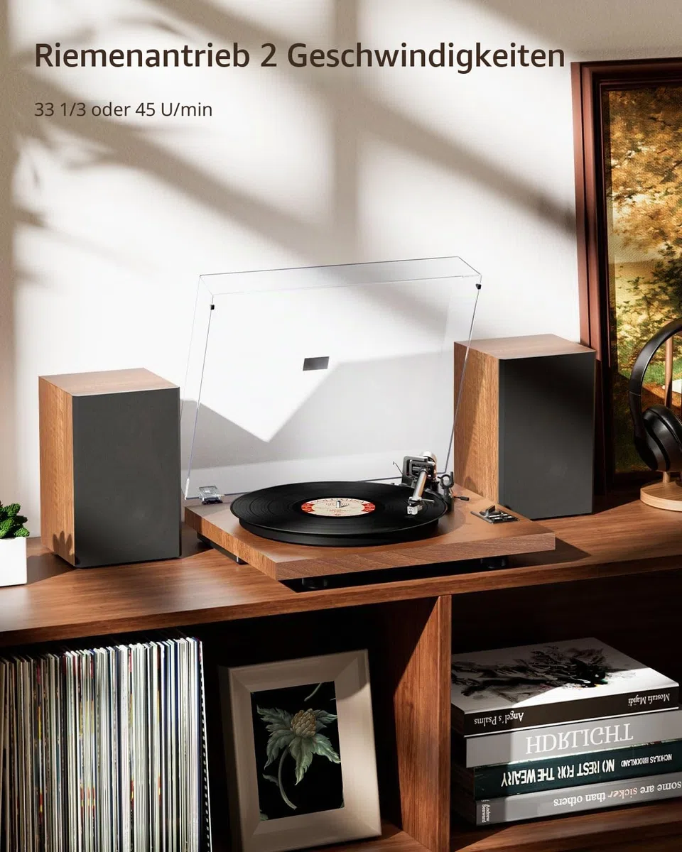 1 by ONE HiFi Bluetooth Plattenspieler mit USB-Anschluss MM System 33/45 U/min Auto-Stopp und Phono-Vorverstärker Riemenantrieb Vinyl Record Player mit 2 Lautsprechern
