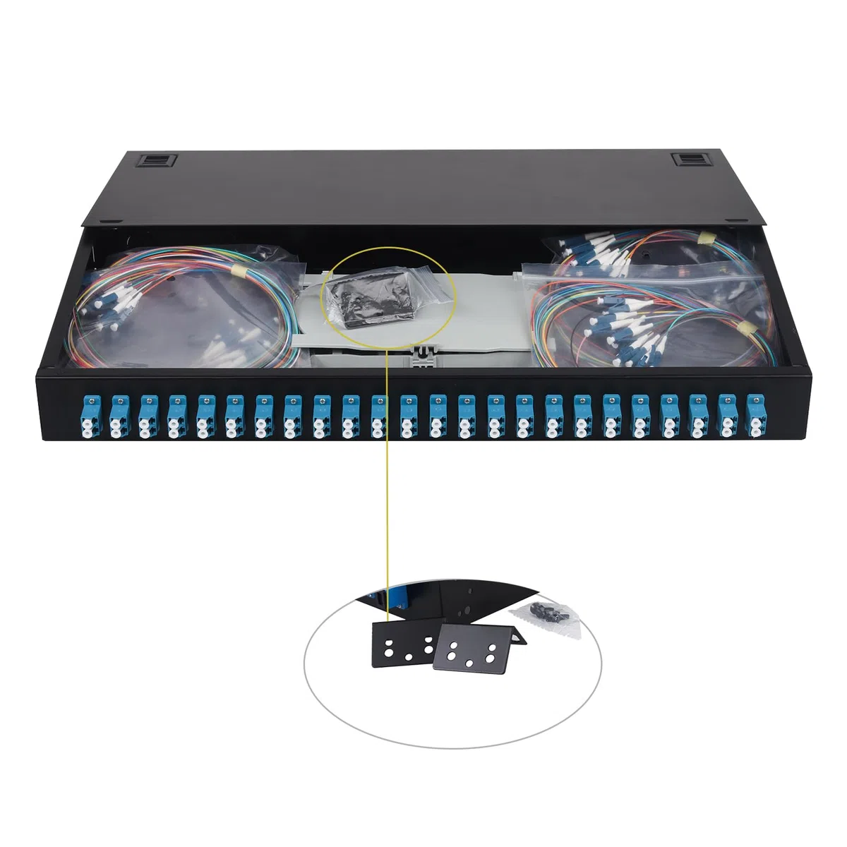 24 Duplex Singlemode 48 Port LC Rack Mount Gehäuse Box + Spleißschalen Glasfaserkabel Spule LC-UPC Kit (enthalten Pigtail & Kupplungen), 48 Core LGX Patch Panel Box passt für 19" Racks