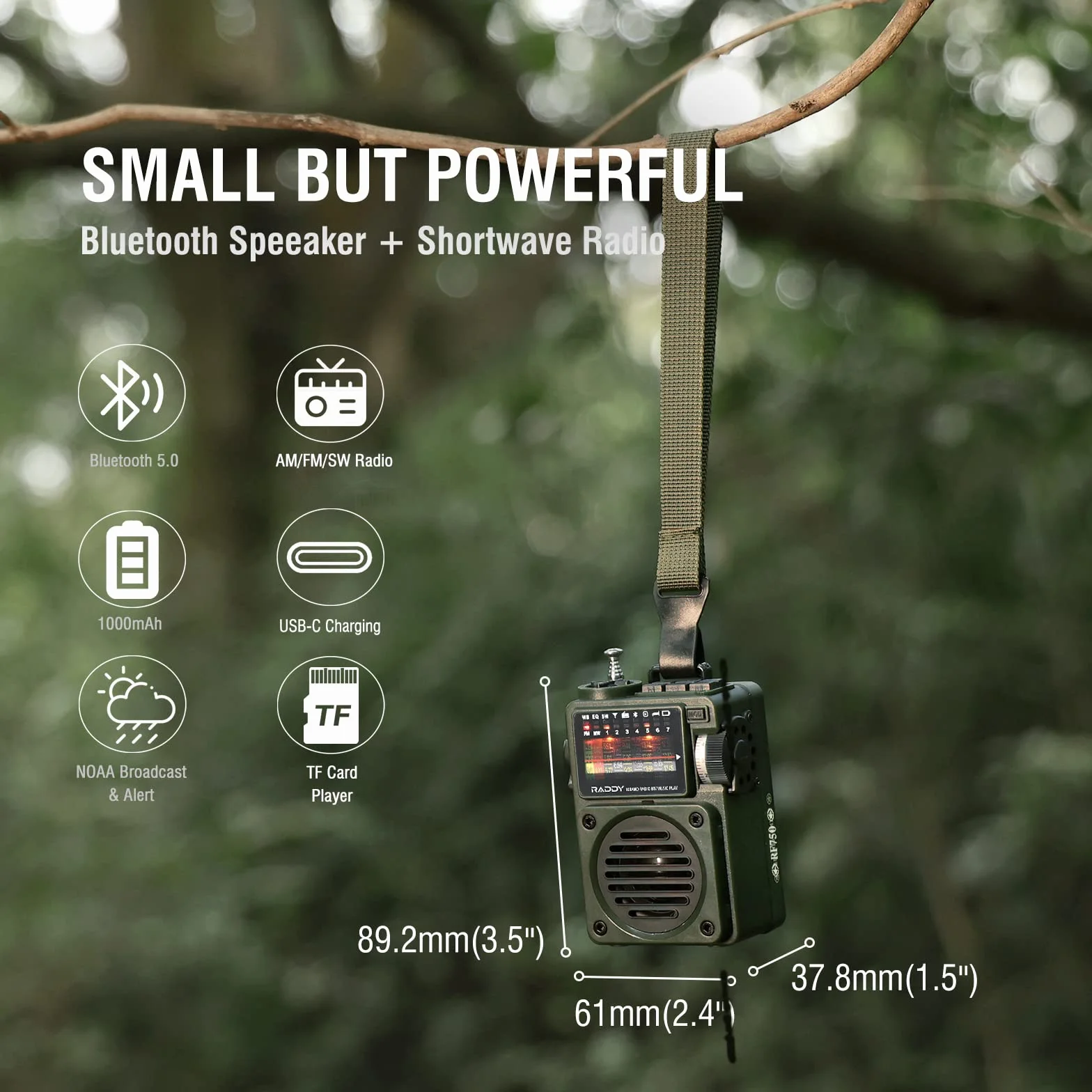 Raddy RF750 Tragbares Kurzwellenradio Kleines AM/UKW/SW-Radio Digitales Retro-Wiederaufladbares Radio, batteriebetrieben mit BT, TF-Karten-Musikplayer, 6 EQ-Modi, Externe Antenne