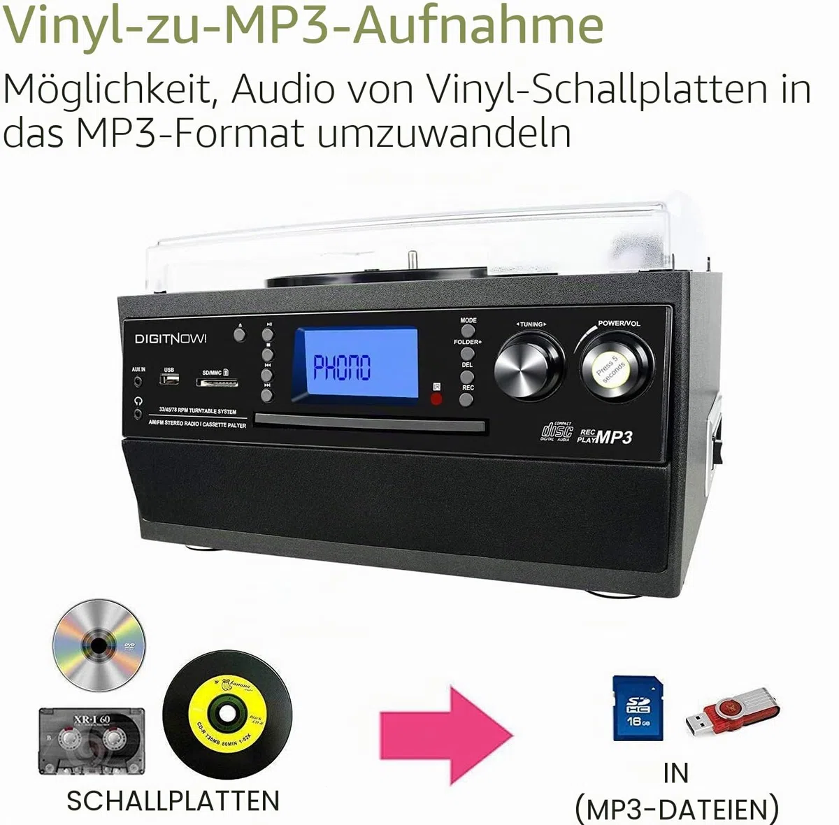 DIGITNOW! Bluetooth Viny Plattenspieler Plattenspieler für CD, Kassette, AM/FM Radio und Aux In, USB-Anschluss und SD-Codierung, Fernbedienung, mit eigenständigen Stereo-Lautsprechern