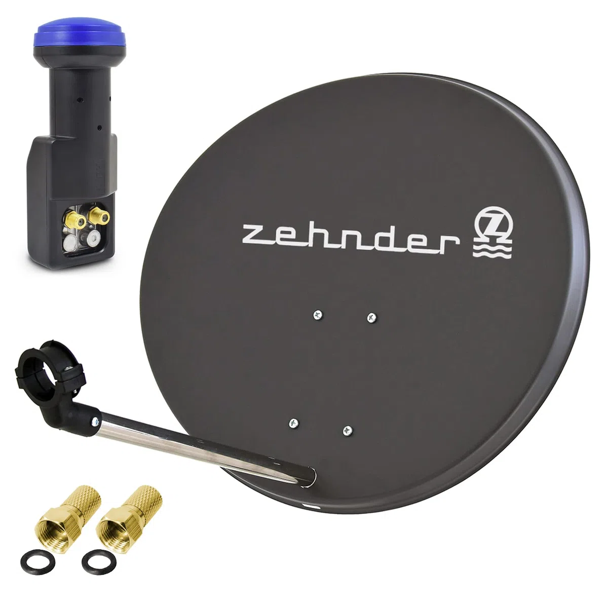 Zehnder 60cm Spiegel Schüssel Stahl + Twin LNB | 2 Teilnehmer SAT Anlage HD Digital Set anthrazit | DVB-S/S2 Full HDTV 3D 4K Ultra HD UHD Empfang