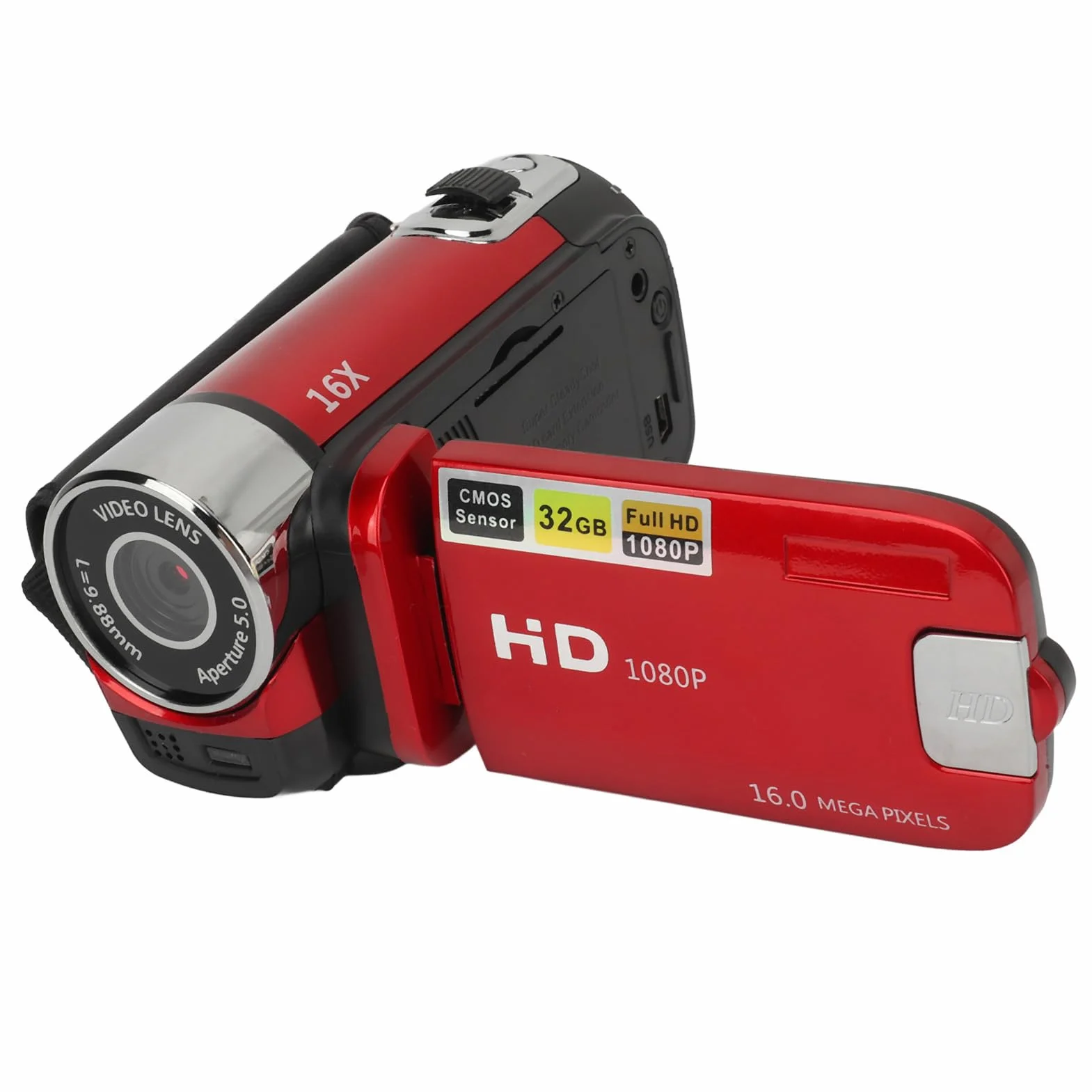 Point and Shoot Camera, Vintage Kamera, Videokamera, 1080P 16MP Digitalkamera 2,4 Zoll Drehbarer Bildschirm Camcorder 16X Zoom HD Videorecorder mit Fülllicht (Rot)