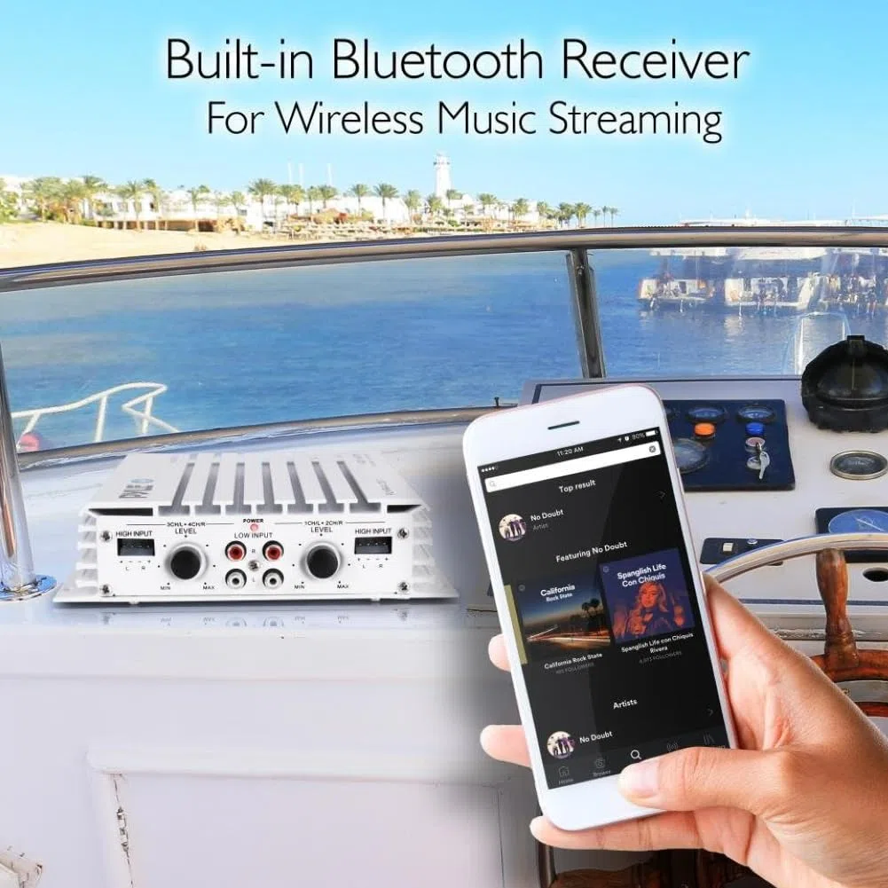 KIT SET FÜR PYLE PLMRA410BT 1 4-Kanal Marine-Verstärker, Klasse AB, 4 x 100 Watt max, wasserdicht, Bluetooth 2.1-Konnektivität, für Schwimmbäder, Boote, Boote, 1 Stück + kostenlose Kabel