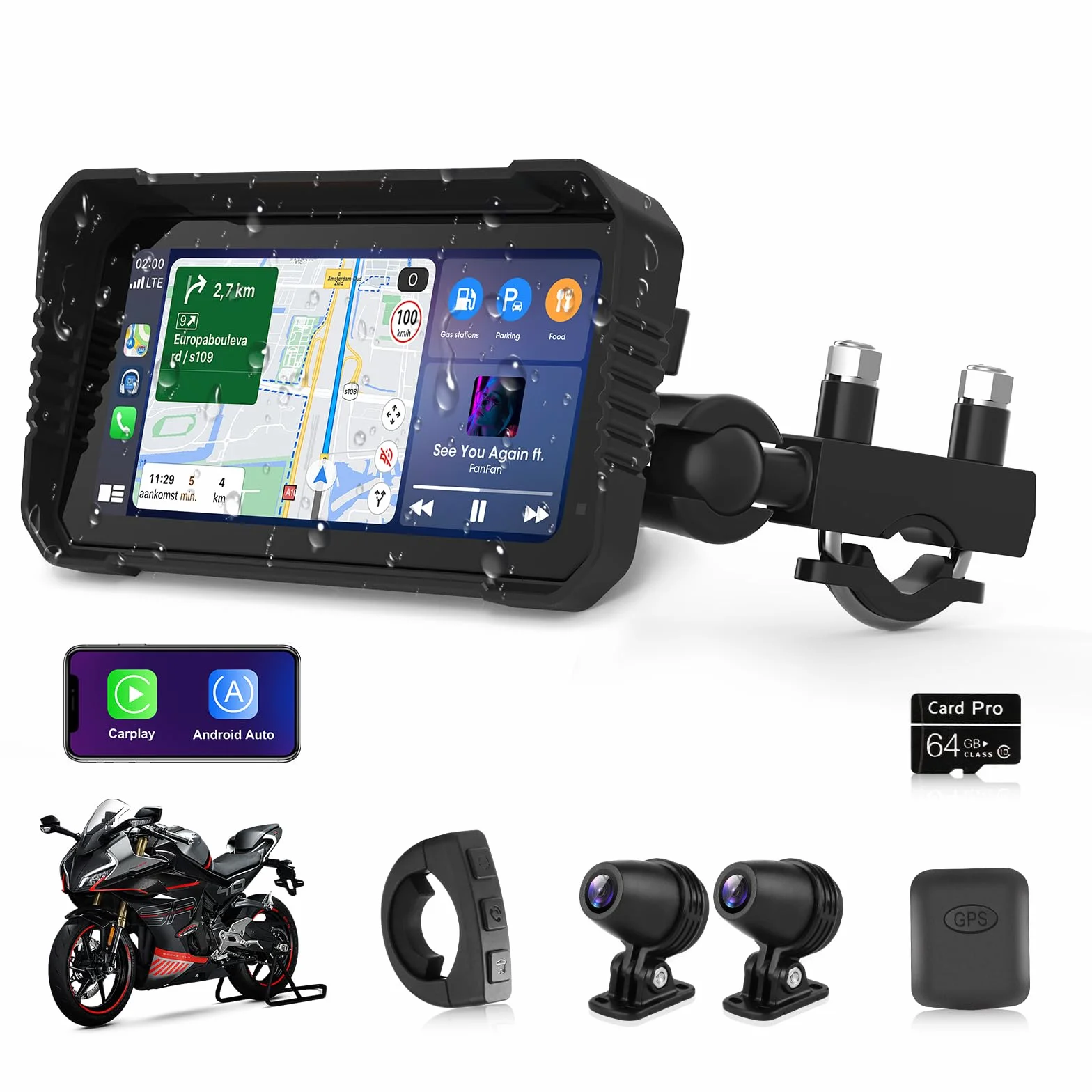 4K Motorrad Carplay Android Auto 6,25 Zoll Motorrad Display mit Dashcam Moto.rrad Navigationsgeräte für Motorräder mit Siri/G-oogle Assistant, Dual-Bluetooth, 64G TF-Karte, Fernbedienung