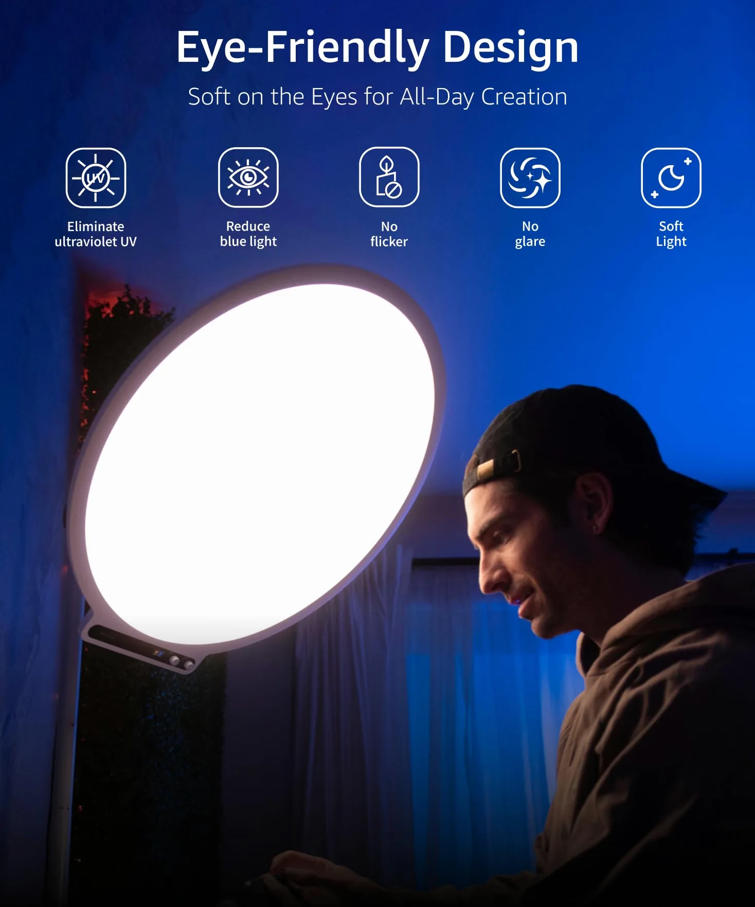amaran Verge Max 22" Bi-Color Rundlicht für Schreibtisch oder Studio, Edge-Lit LED-Panel, 2700K–6500K, CRI 96, Frontregler & USB-C Stromversorgung, mit Tischklemme – Weiß