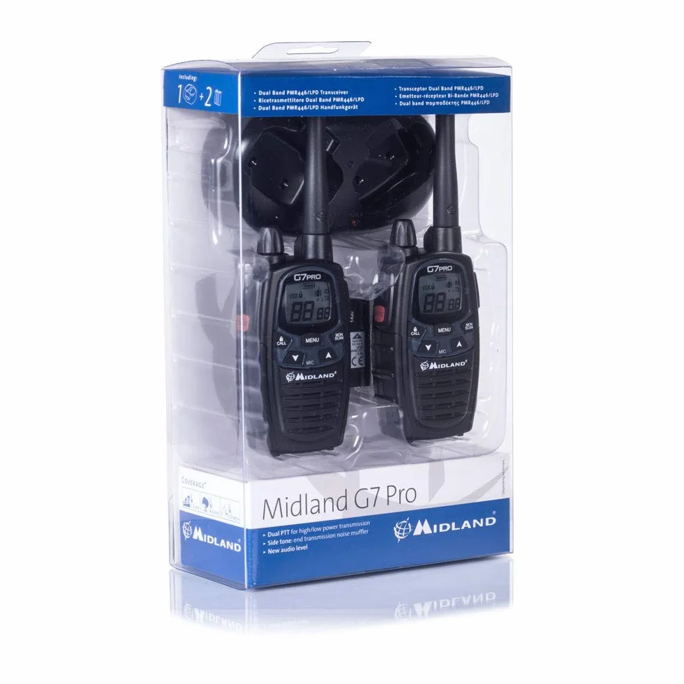 Midland G7 Pro PMR+LPD-Funkgerät C1090.06 Robustes Gerät für die Professionelle oder Private Nutzung, mit LCD-Display, inklusive Doppelstandlader und Gürtelclips, 2 Stück im Set