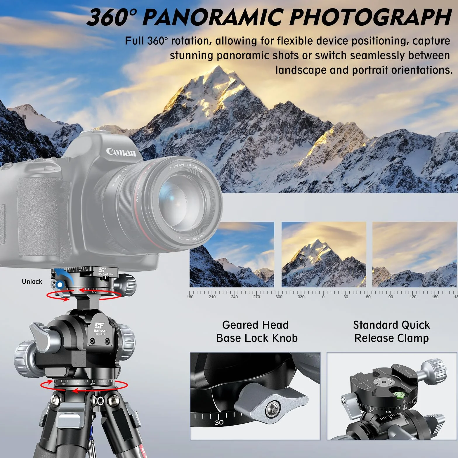 Getriebeneiger Stativkopf, Professioneller Stativkopf mit Quick Release Plate & Bubble Level, Fine-Tune-Neigung, 360º Dual Panorama, Heavy-Duty für Stative, Monopods, Kamera-Schieber