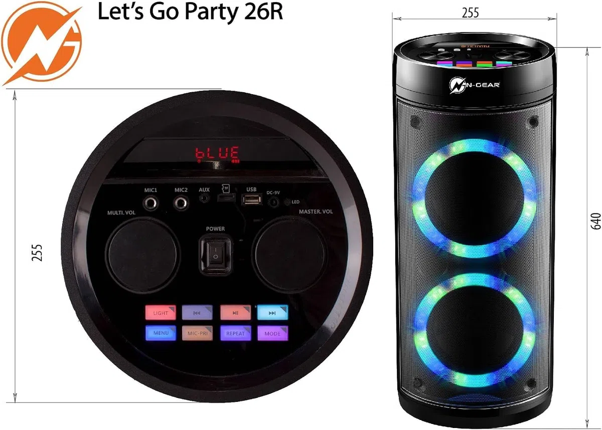 N-GEAR LPG26R Let's Go Party Bluetooth-Lautsprecher mit Karaoke-Mikrofon, LED Disco, Power Bank, Leistung 600 W (40 W RMS), Black