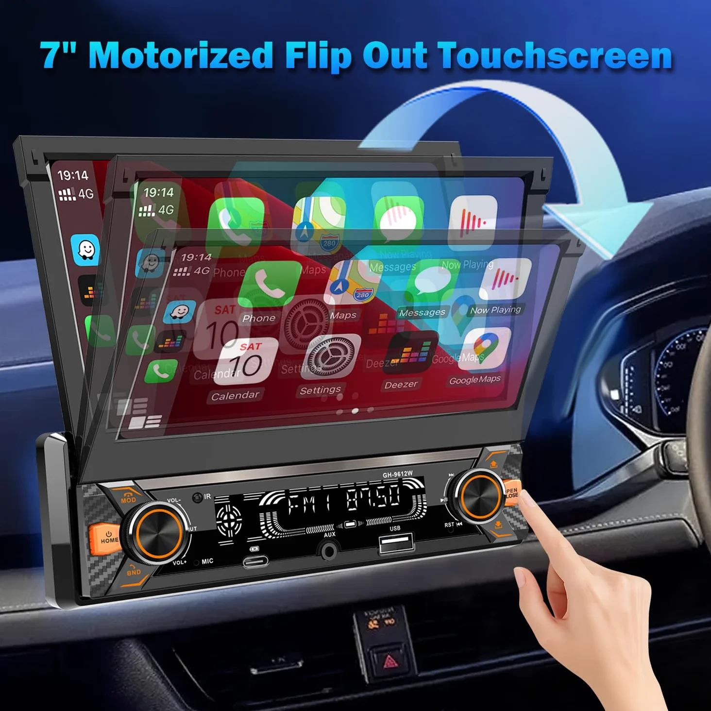 Autoradio 1DIN mit Ausklappbarer Bildschirm(7 Zoll automatisch), Kompatibel mit [Wireless] Apple CarPlay/Android Auto Bluetooth Typ-C USB(3A Schnellladung) AM/FM/RDS Radio Rückfahrkamera AUX